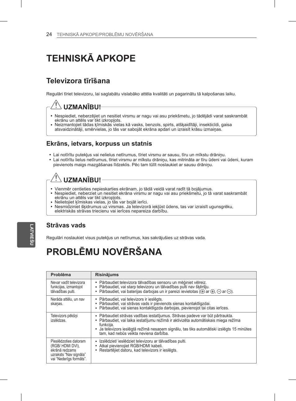 Tehniskā apkope, Problēmu novēršana, Televizora tīrīšana | Uzmanību, Ekrāns, ietvars, korpuss un statnis, Strāvas vads | LG 50PM4700 User Manual | Page 447 / 671