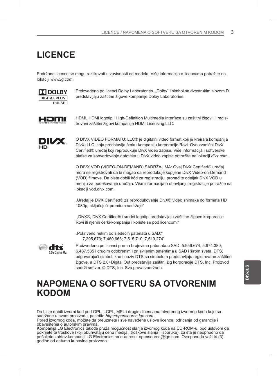 Licence, Napomena o softveru sa otvorenim kodom | LG 50PM4700 User Manual | Page 478 / 671