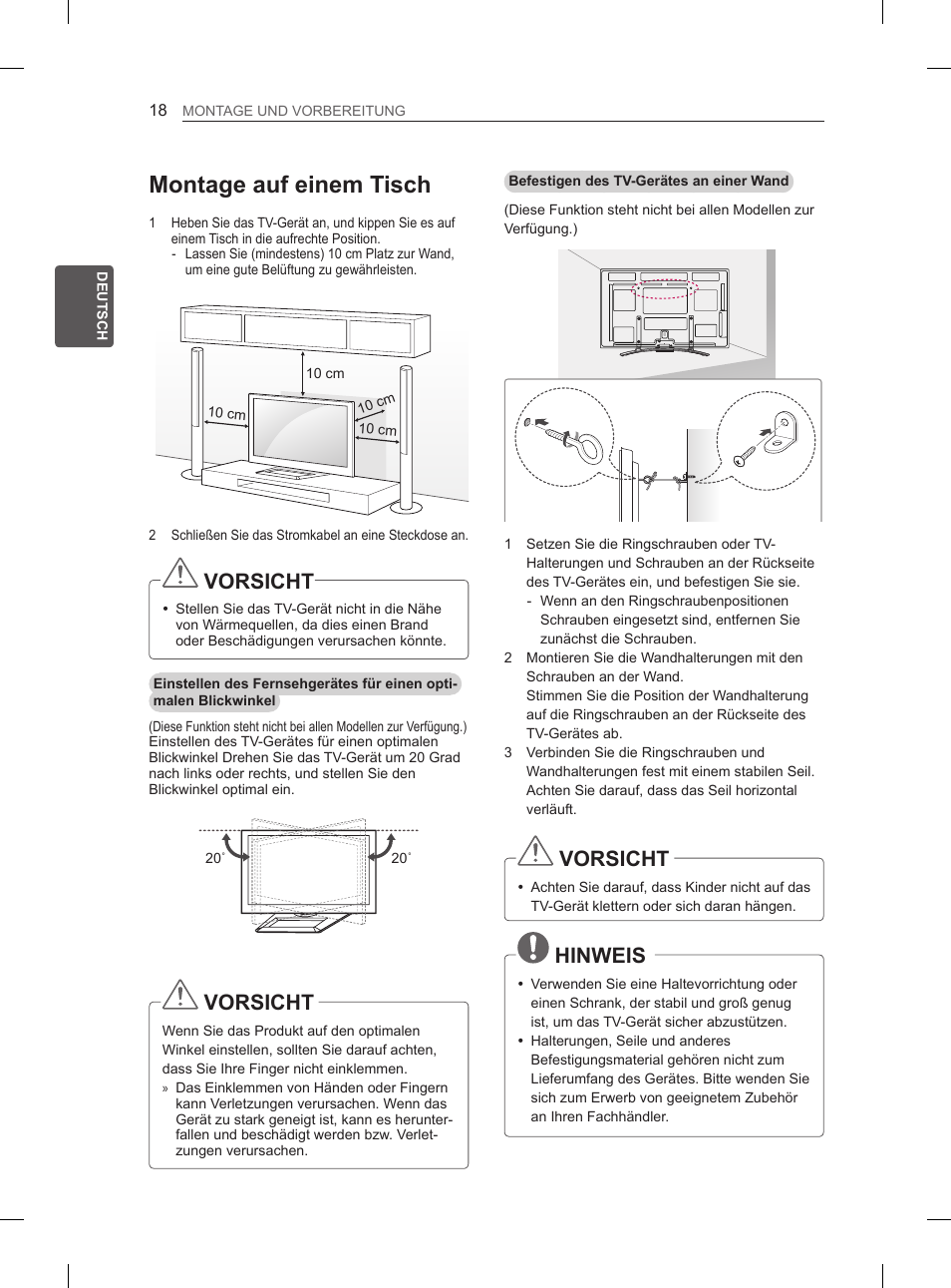 Montage auf einem tisch, Vorsicht, Hinweis | LG 50PM4700 User Manual | Page 51 / 671