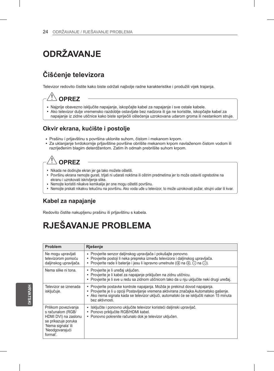 Održavanje, Rješavanje problema, Čišćenje televizora | Oprez, Okvir ekrana, kućište i postolje, Kabel za napajanje | LG 50PM4700 User Manual | Page 525 / 671