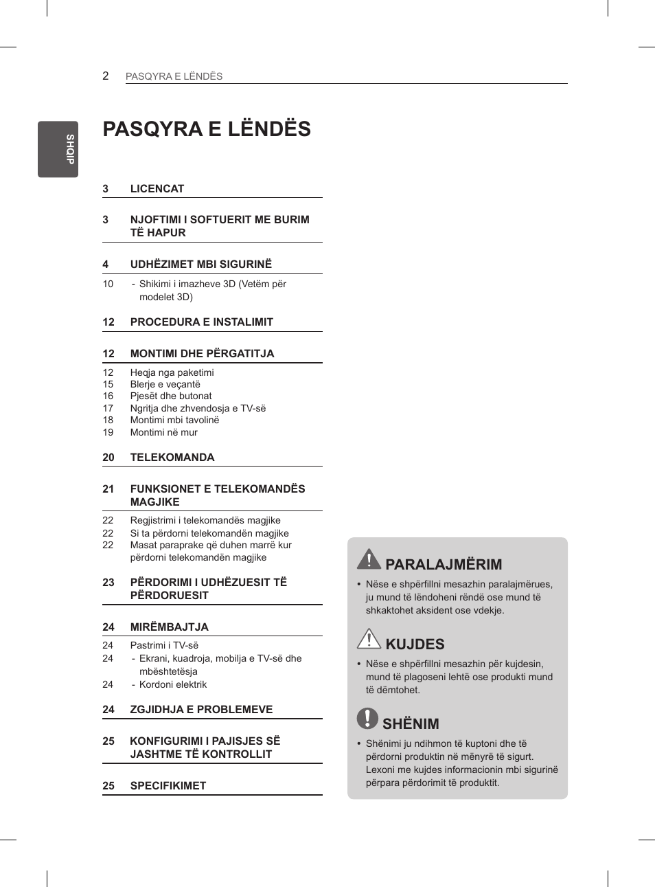 Pasqyra e lëndës, Paralajmërim, Kujdes | Shënim | LG 50PM4700 User Manual | Page 529 / 671