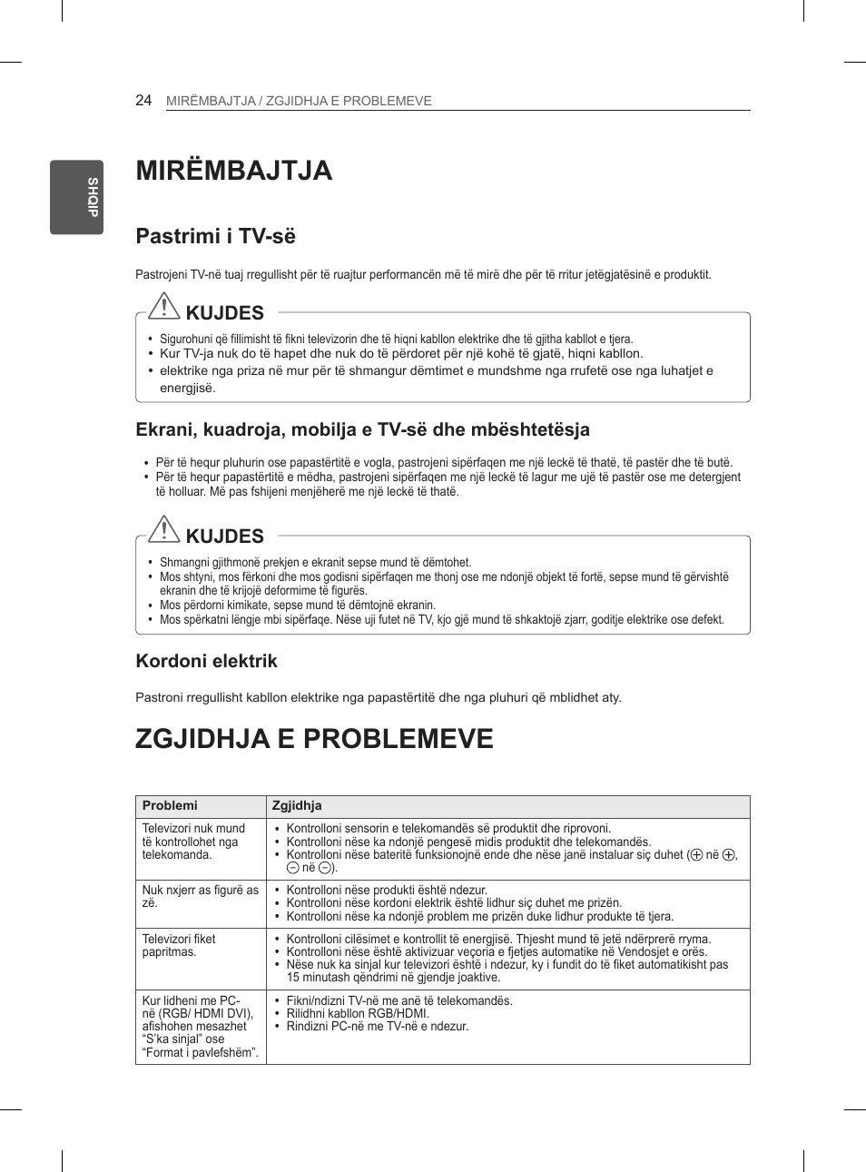 Mirëmbajtja, Zgjidhja e problemeve, Pastrimi i tv-së | Kujdes, Ekrani, kuadroja, mobilja e tv-së dhe mbështetësja, Kordoni elektrik | LG 50PM4700 User Manual | Page 551 / 671