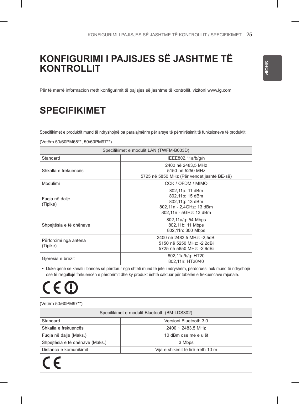 Konfigurimi i pajisjes së jashtme të kontrollit, Specifikimet | LG 50PM4700 User Manual | Page 552 / 671