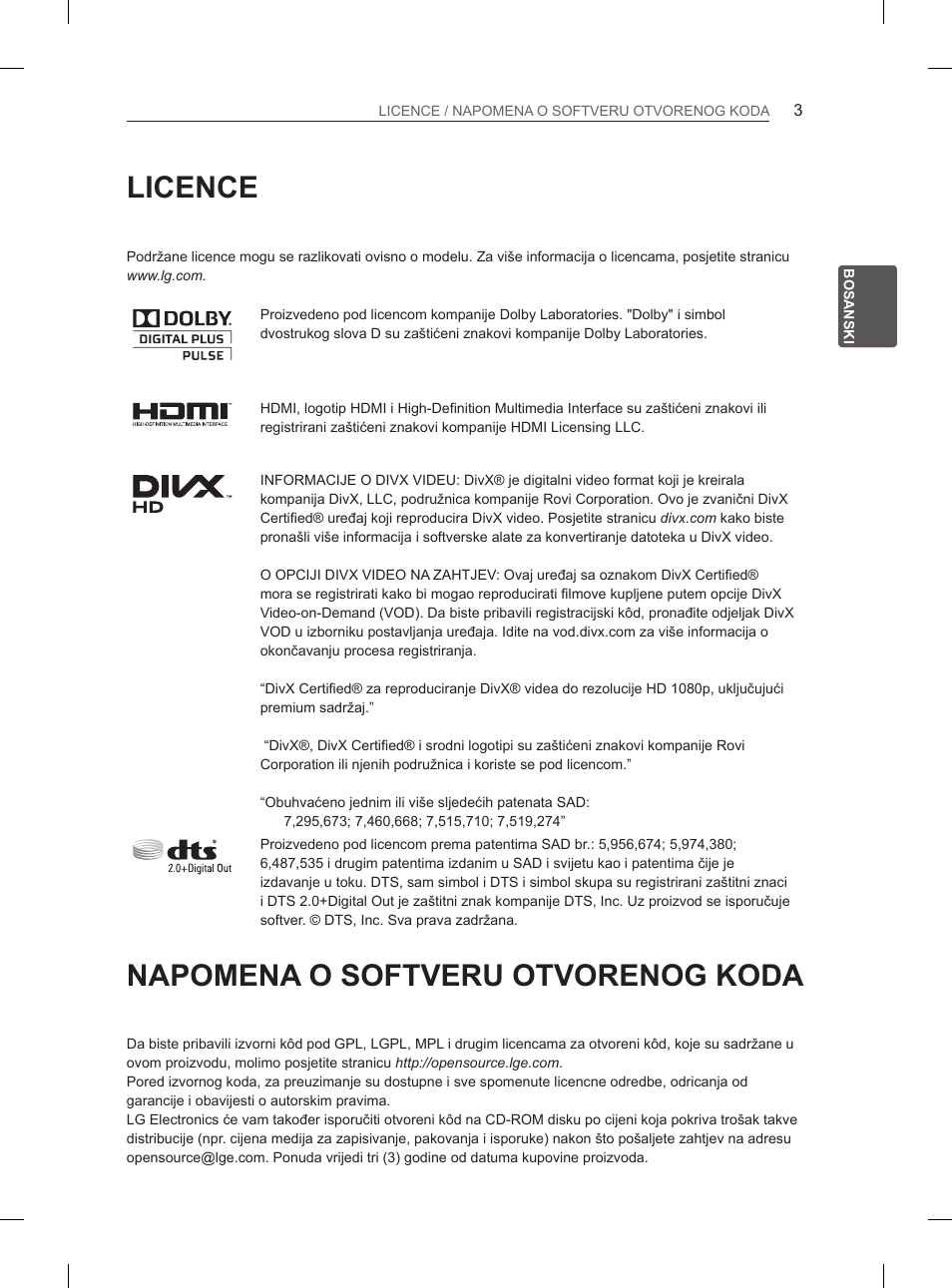 Licence, Napomena o softveru otvorenog koda | LG 50PM4700 User Manual | Page 556 / 671