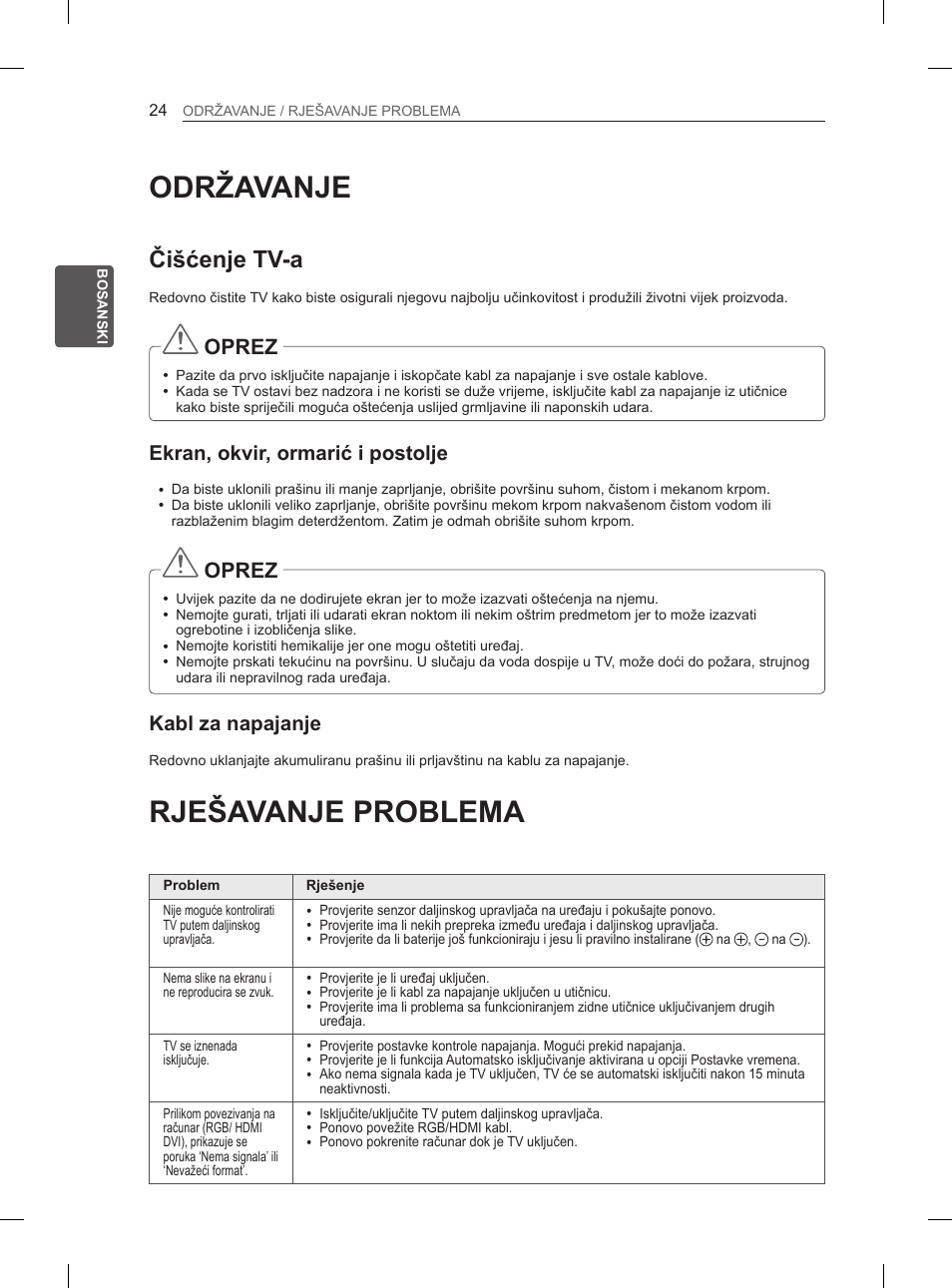 Održavanje, Rješavanje problema, Čišćenje tv-a | Oprez, Ekran, okvir, ormarić i postolje, Kabl za napajanje | LG 50PM4700 User Manual | Page 577 / 671