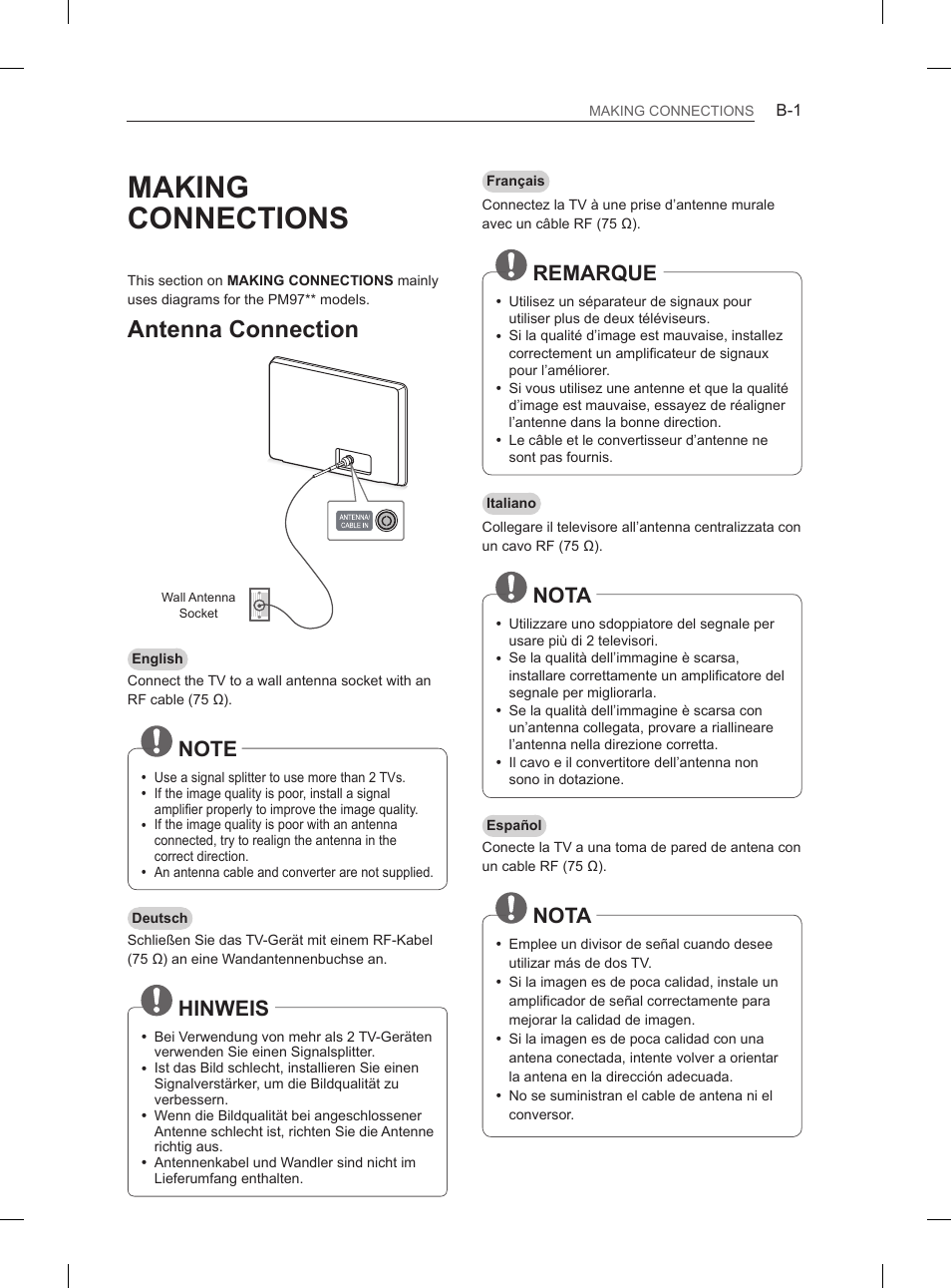 Making connections, Antenna connection, Hinweis | Remarque, Nota | LG 50PM4700 User Manual | Page 606 / 671