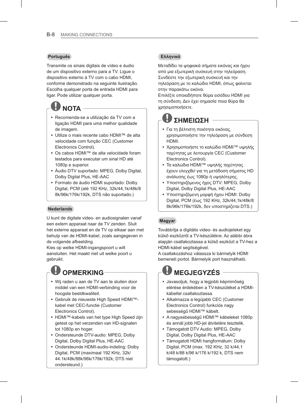 Nota, Opmerking, Σημειωση | Megjegyzés | LG 50PM4700 User Manual | Page 613 / 671