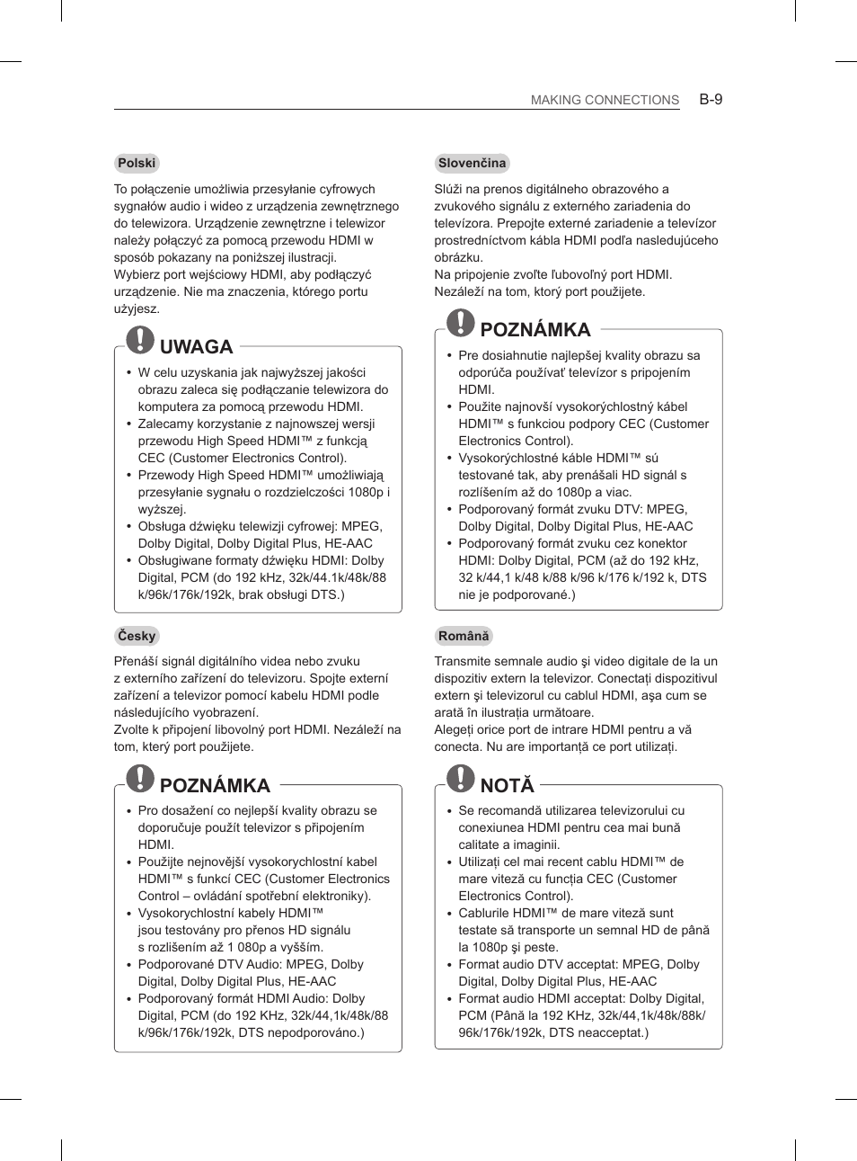 Uwaga, Poznámka, Notă | LG 50PM4700 User Manual | Page 614 / 671