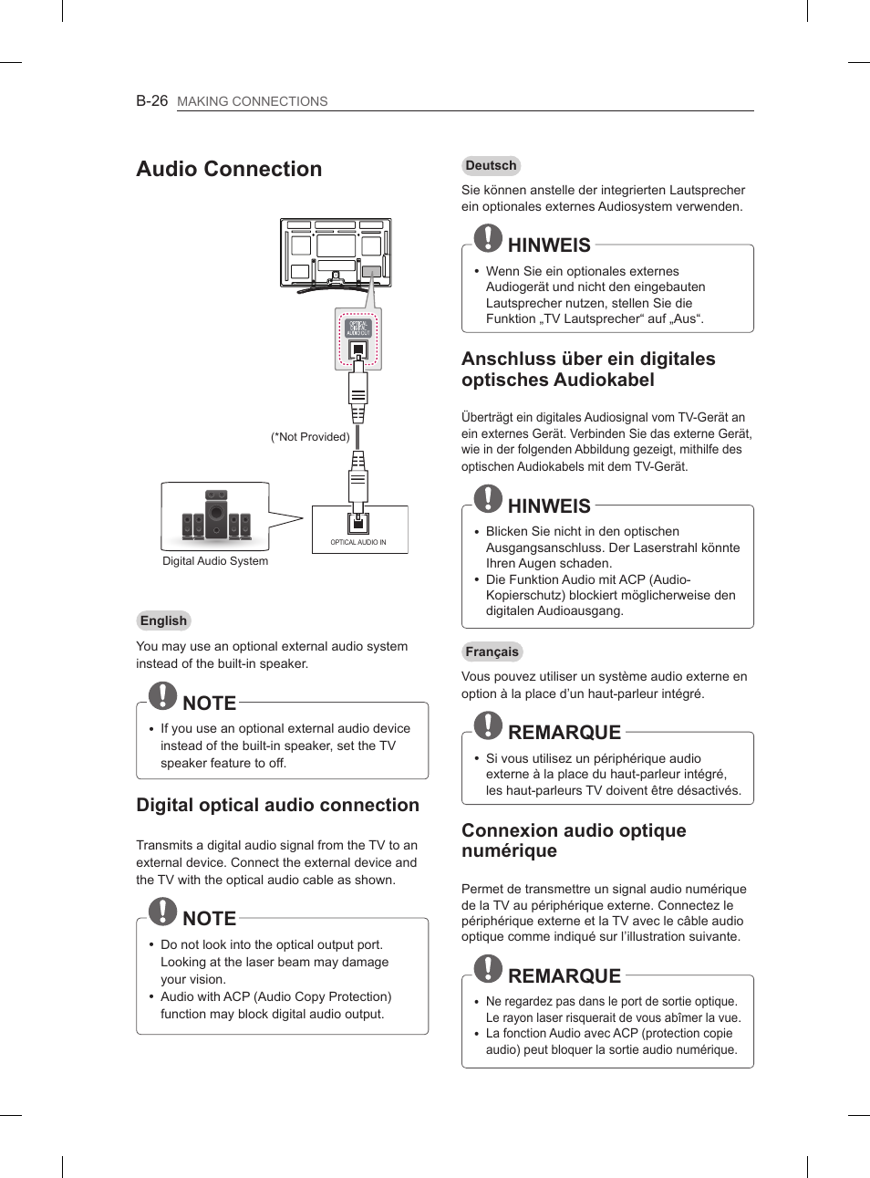 Audio connection, Hinweis, Remarque | Digital optical audio connection, Anschluss über ein digitales optisches audiokabel, Connexion audio optique numérique | LG 50PM4700 User Manual | Page 631 / 671
