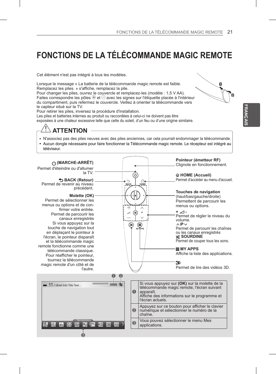 Fonctions de la télécommande magic remote, Attention | LG 50PM4700 User Manual | Page 80 / 671