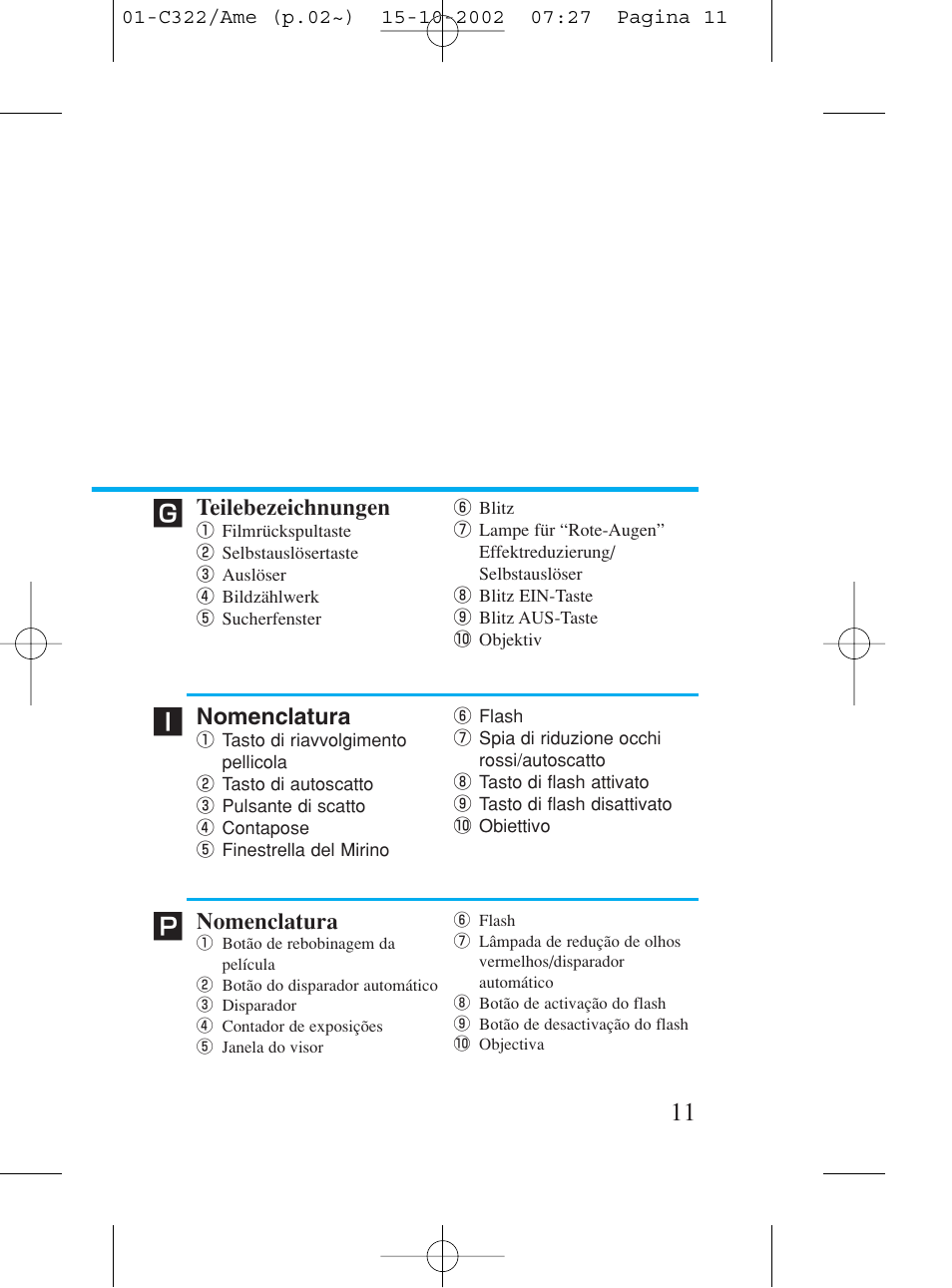 Teilebezeichnungen, Nomenclatura | Canon Prima BF-80 Set User Manual | Page 11 / 115