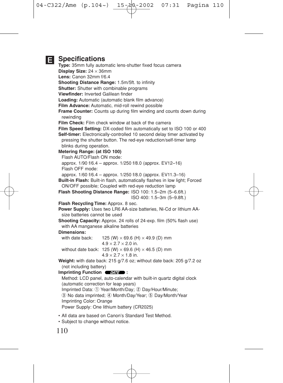 Specifications | Canon Prima BF-80 Set User Manual | Page 110 / 115