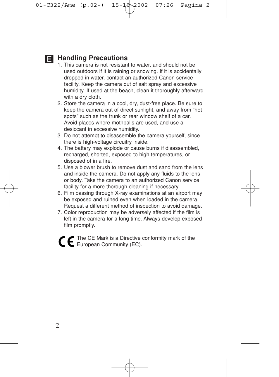 Handling precautions | Canon Prima BF-80 Set User Manual | Page 2 / 115