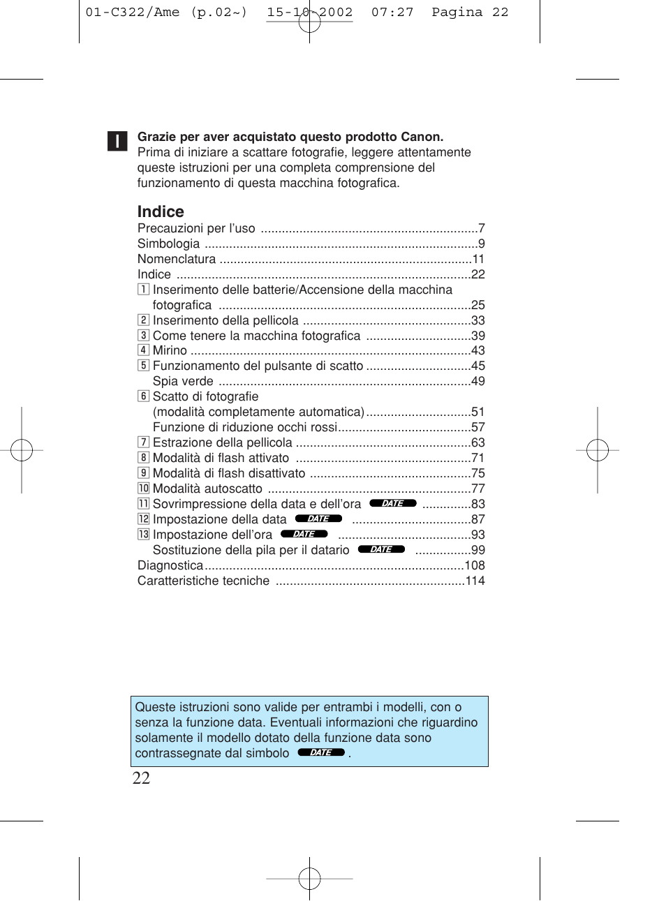 Italiano, Indice | Canon Prima BF-80 Set User Manual | Page 22 / 115