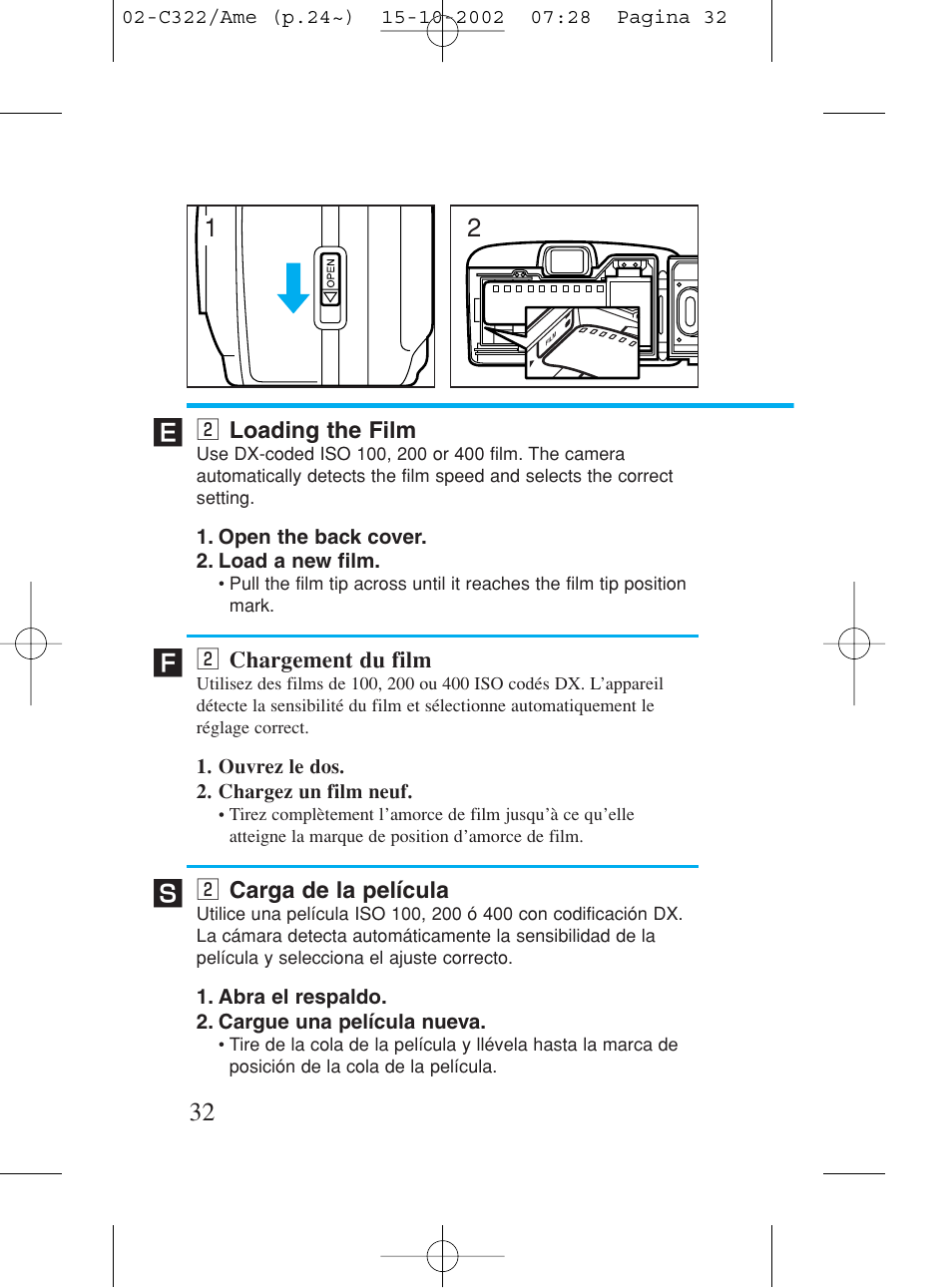 2 loading the film, 2 chargement du film, 2 carga de la película | X loading the film, X chargement du film, X carga de la película | Canon Prima BF-80 Set User Manual | Page 32 / 115