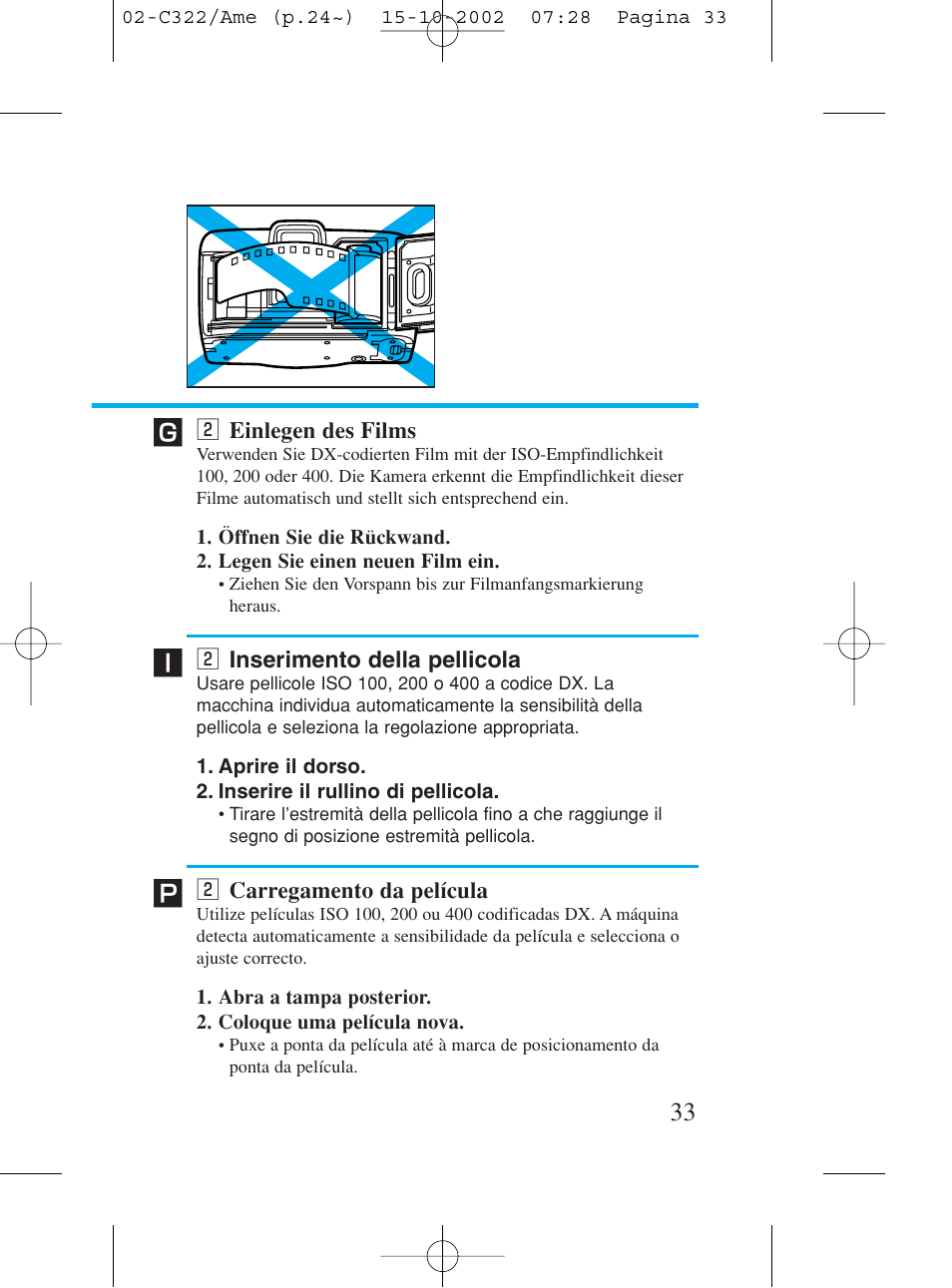 2 einlegen des films, 2 inserimento della pellicola, 2 carregamento da película | X einlegen des films, X inserimento della pellicola, X carregamento da película | Canon Prima BF-80 Set User Manual | Page 33 / 115