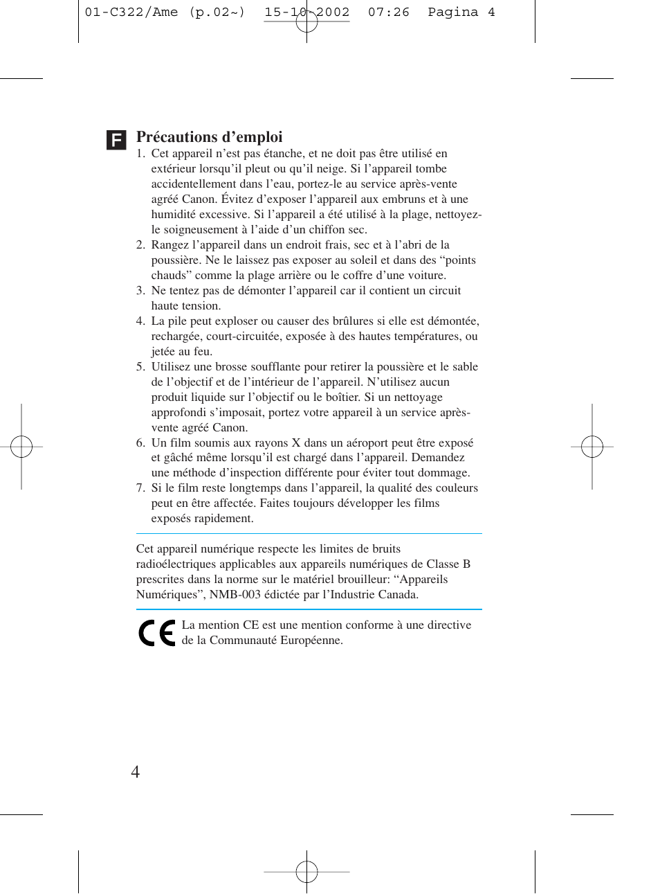 Précautions d’emploi | Canon Prima BF-80 Set User Manual | Page 4 / 115