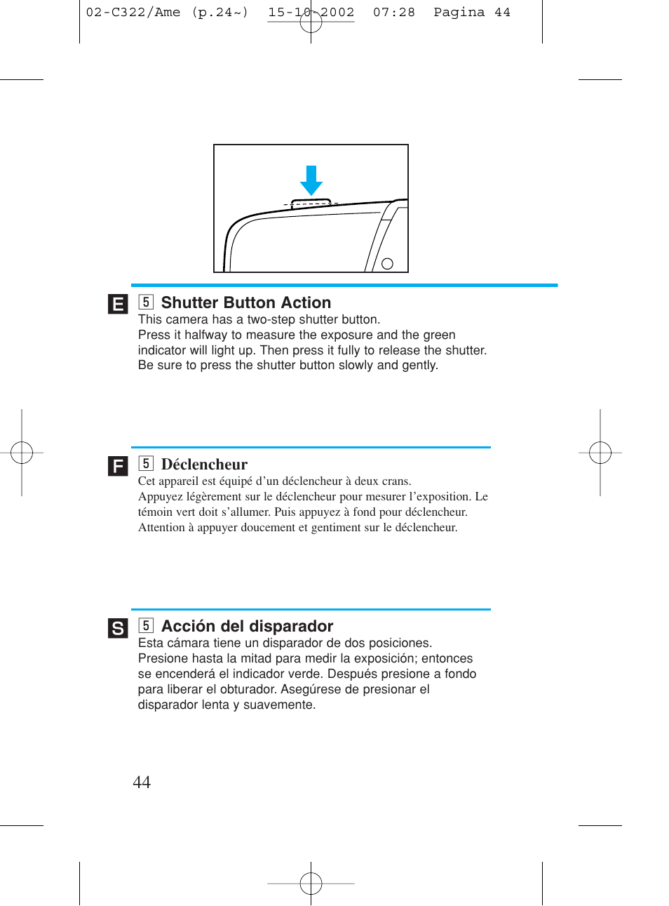 5 shutter button action, 5 déclencheur, 5 acción del disparador | B shutter button action, B déclencheur, B acción del disparador | Canon Prima BF-80 Set User Manual | Page 44 / 115