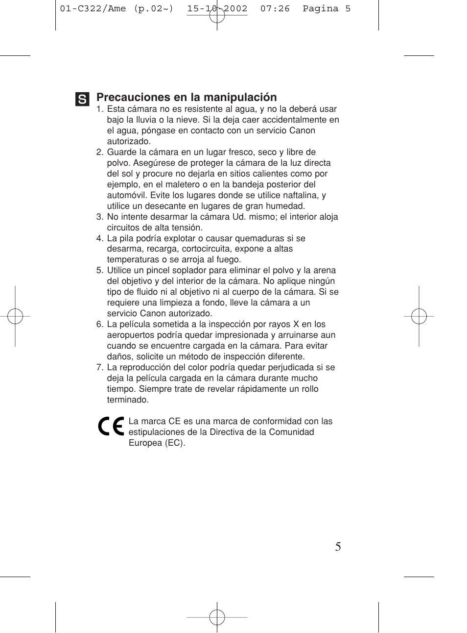 Precauciones en la manipulación | Canon Prima BF-80 Set User Manual | Page 5 / 115