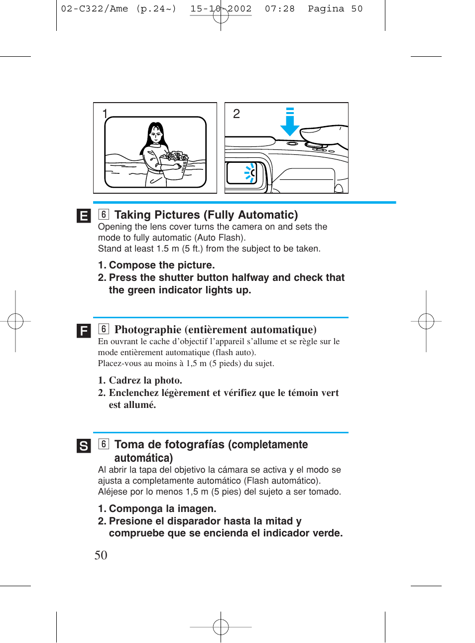 6 taking pictures (fully automatic), 6 photographie (entièrement automatique), 6 toma de fotografías (completamente automática) | N taking pictures (fully automatic), N photographie (entièrement automatique), N toma de fotografías (completamente automática) | Canon Prima BF-80 Set User Manual | Page 50 / 115