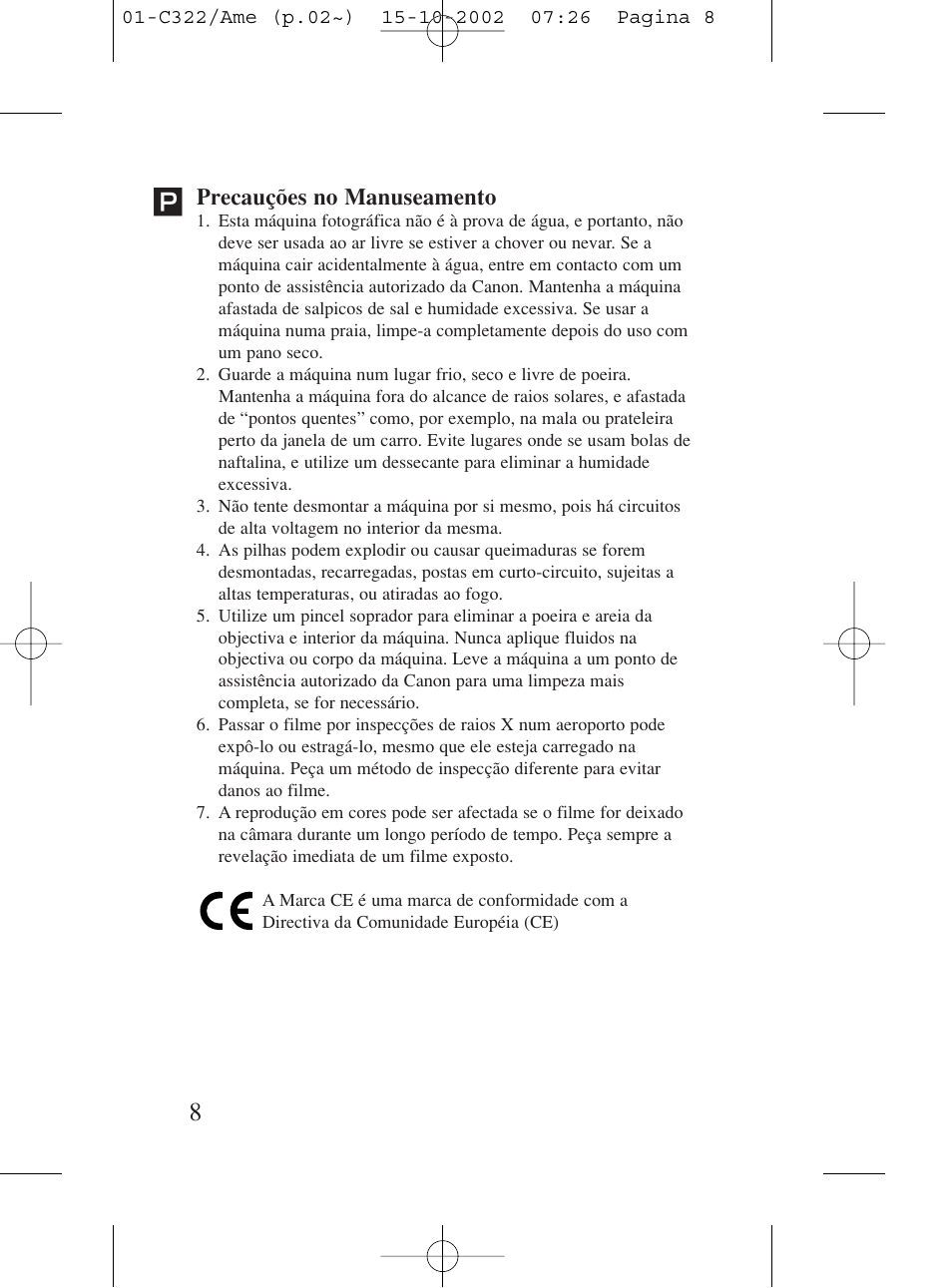 Precauções no manuseamento | Canon Prima BF-80 Set User Manual | Page 8 / 115