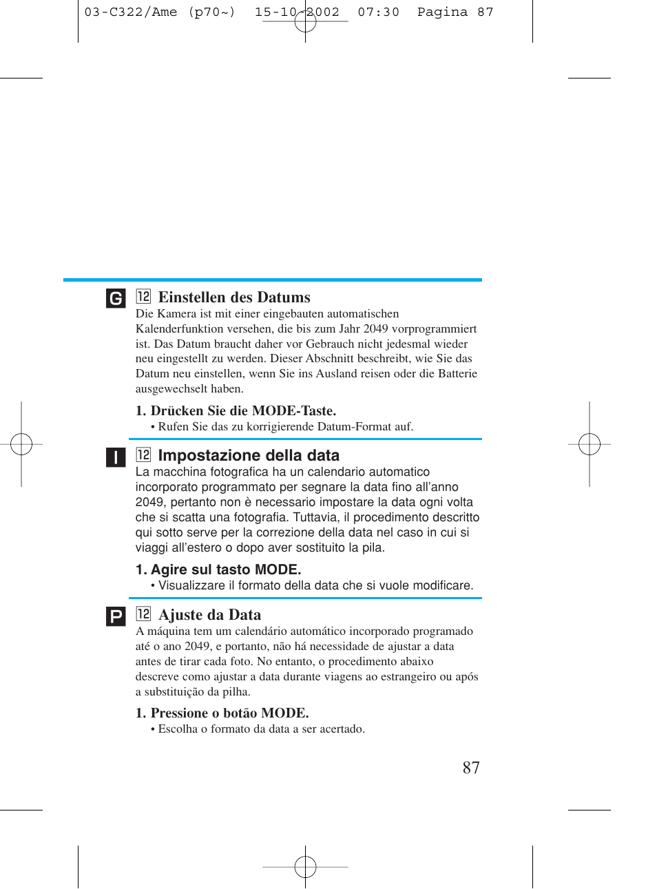 12 einstellen des datums, 12 impostazione della data, 12 ajuste da data | 2 einstellen des datums, 2 impostazione della data, 2 ajuste da data | Canon Prima BF-80 Set User Manual | Page 87 / 115