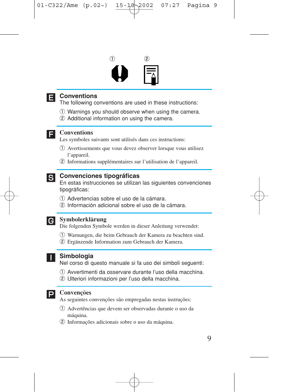 Conventions, Convenciones tipográficas, Symbolerklärung | Simbologia, Convenções | Canon Prima BF-80 Set User Manual | Page 9 / 115