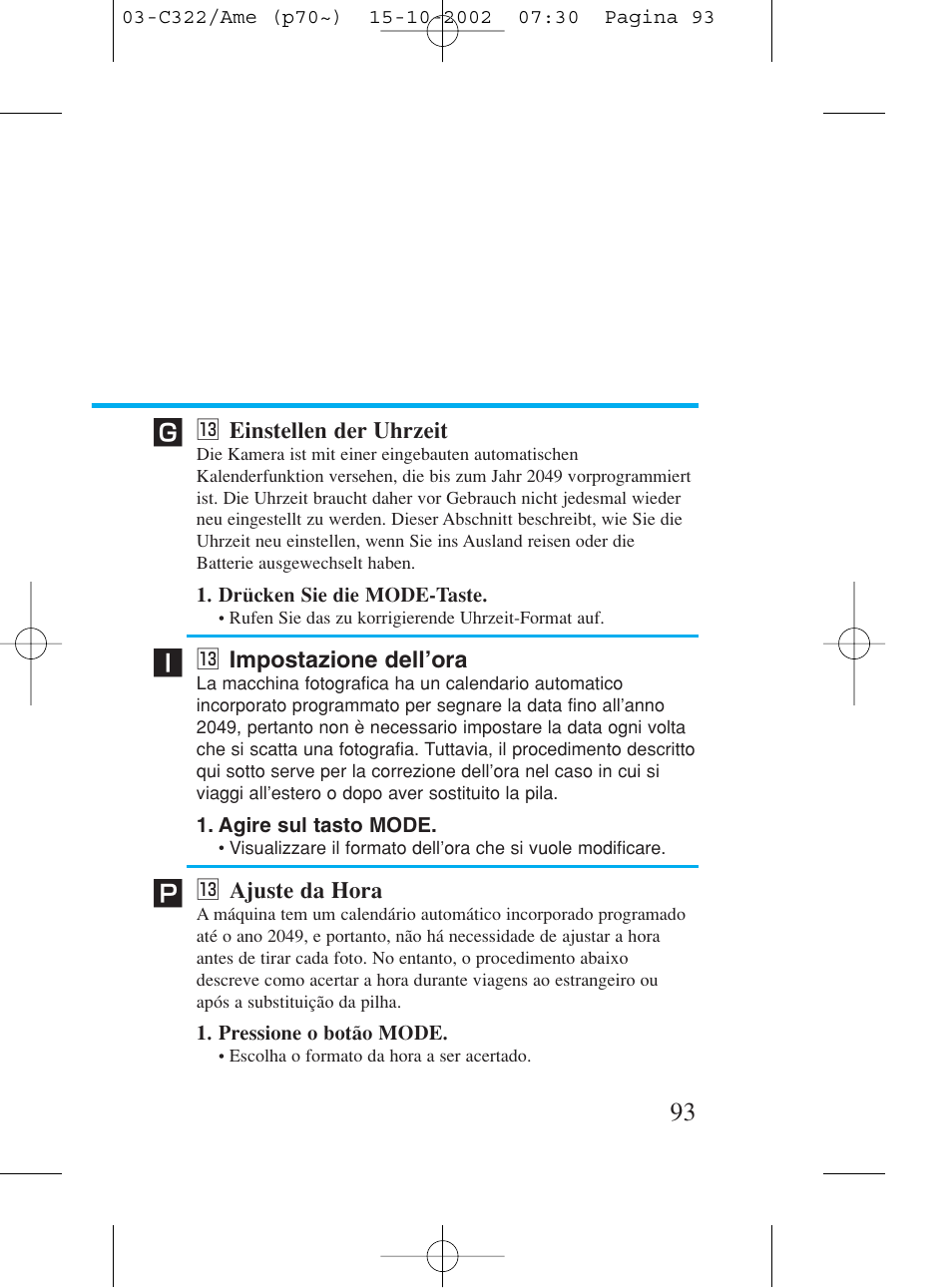 13 einstellen der uhrzeit, 13 impostazione dell'ora, 13 ajuste da hora | 3 einstellen der uhrzeit, 3 impostazione dell’ora, 3 ajuste da hora | Canon Prima BF-80 Set User Manual | Page 93 / 115
