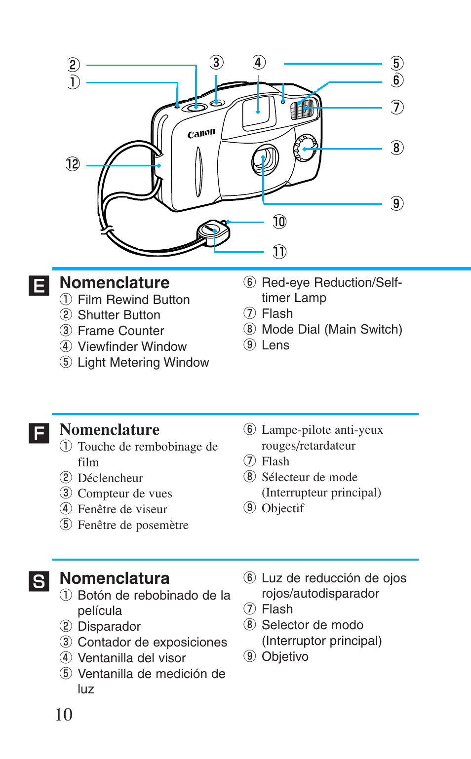 Nomenclature, Nomenclatura | Canon Prima BF-8 User Manual | Page 10 / 115