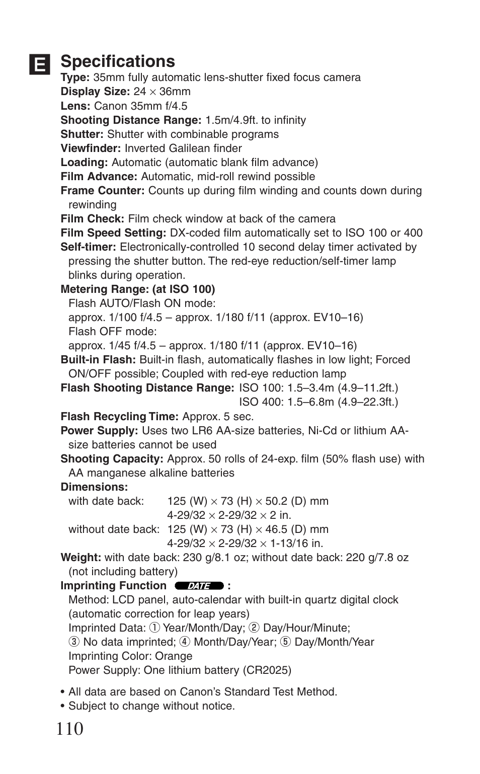 Specifications | Canon Prima BF-8 User Manual | Page 110 / 115