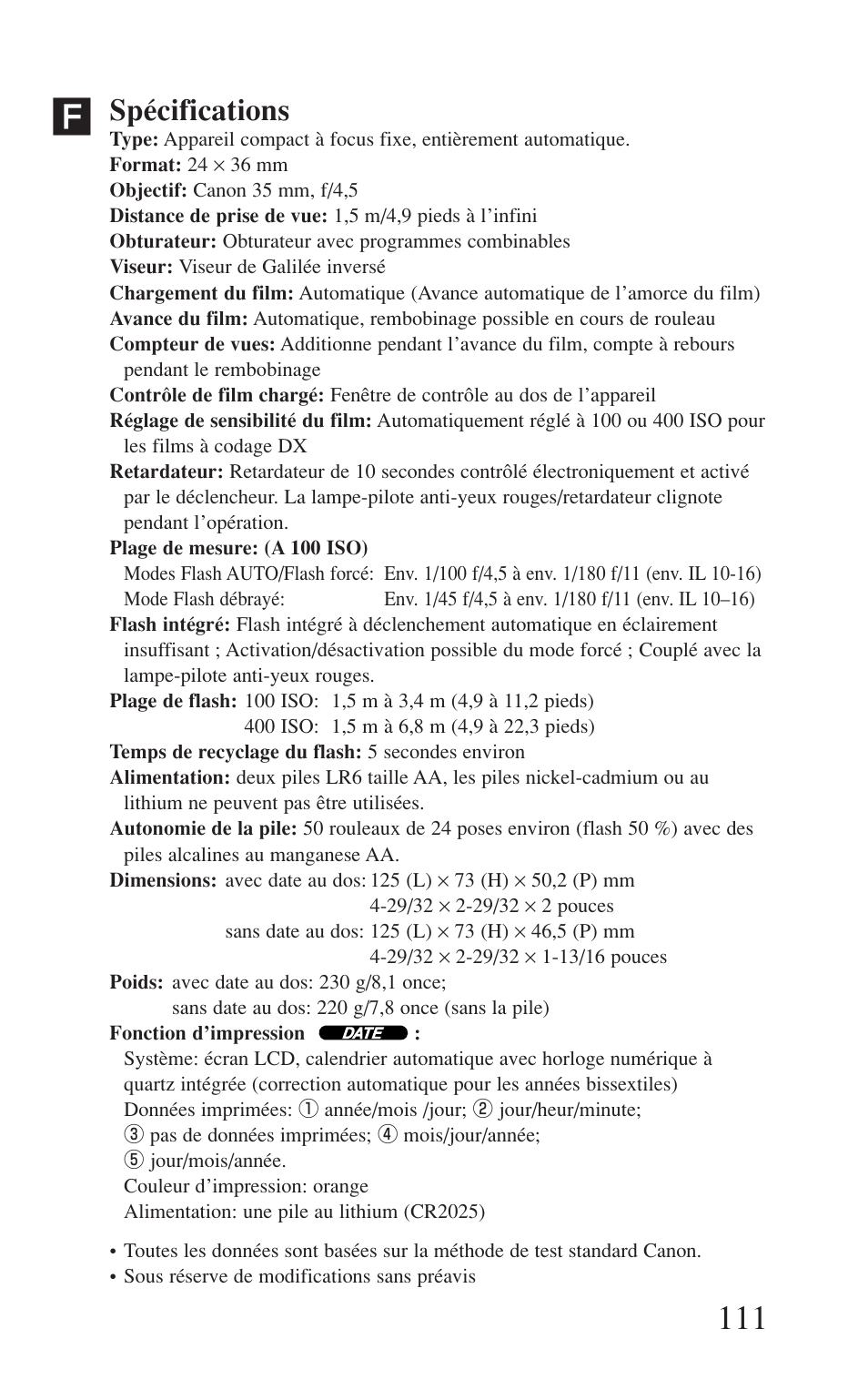 Spécifications | Canon Prima BF-8 User Manual | Page 111 / 115