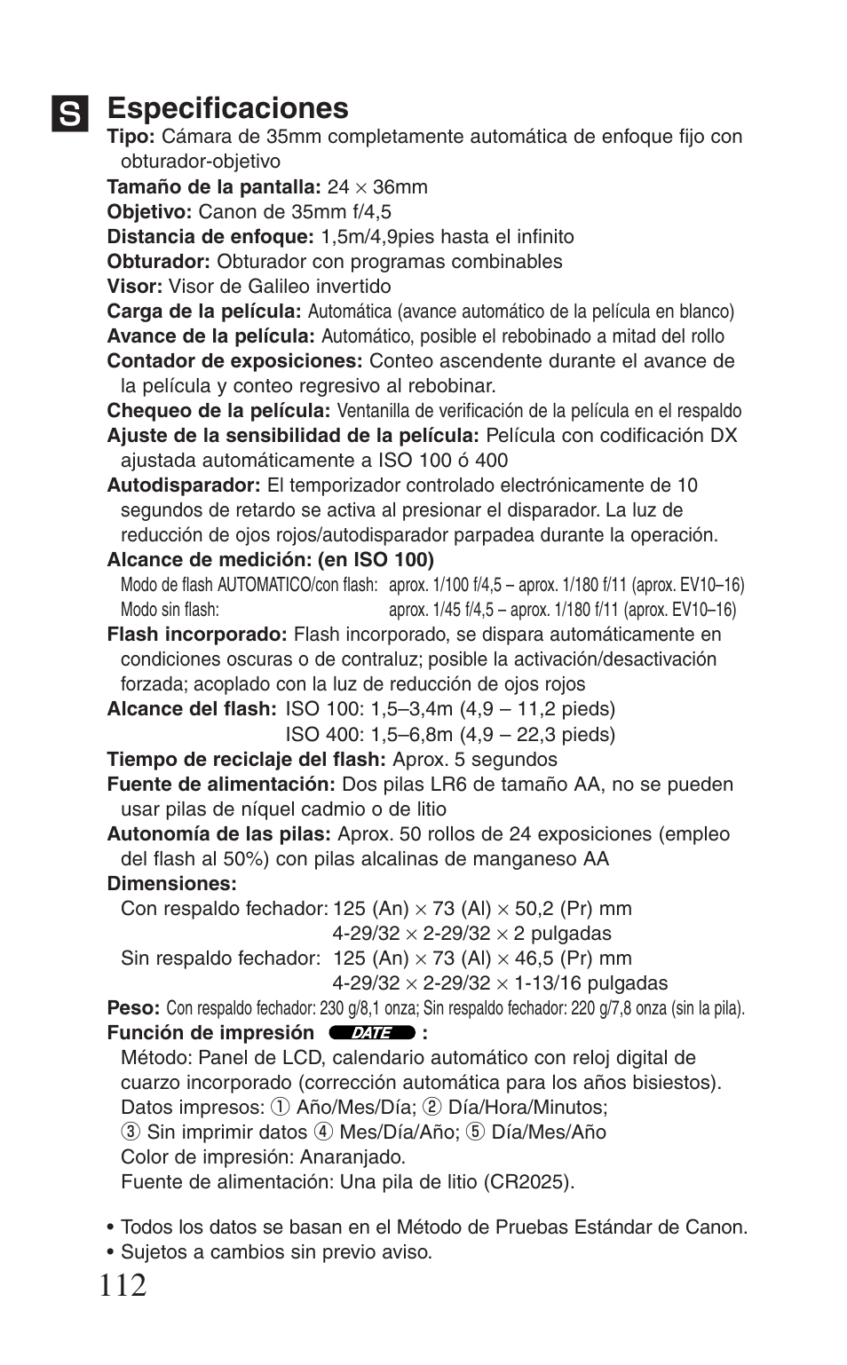 Especificaciones | Canon Prima BF-8 User Manual | Page 112 / 115