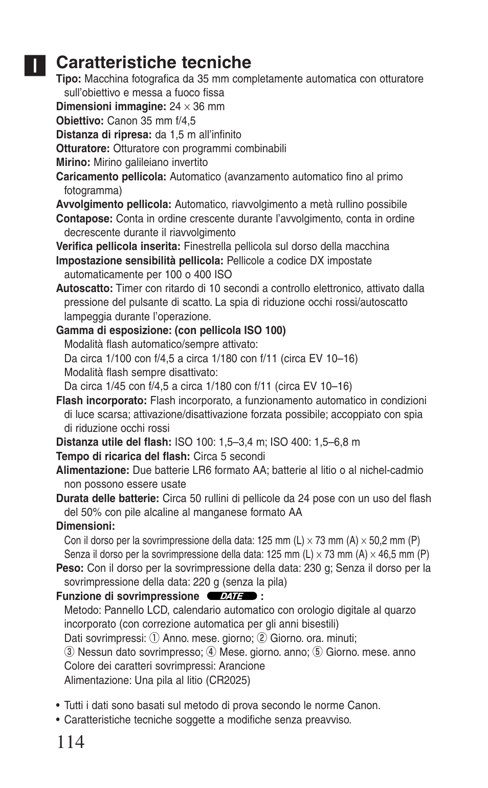 Caratteristiche tecniche | Canon Prima BF-8 User Manual | Page 114 / 115