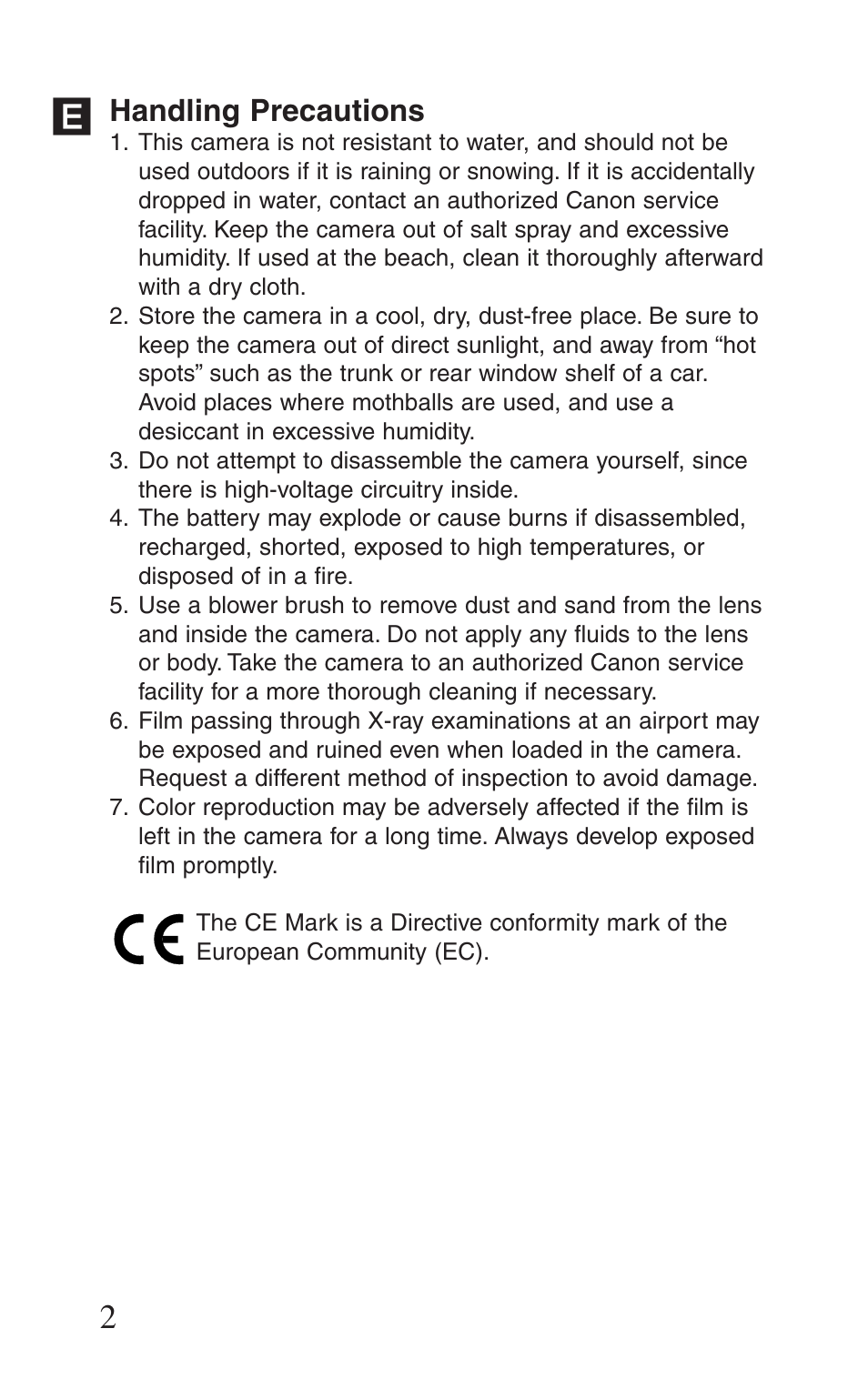 Handling precautions | Canon Prima BF-8 User Manual | Page 2 / 115