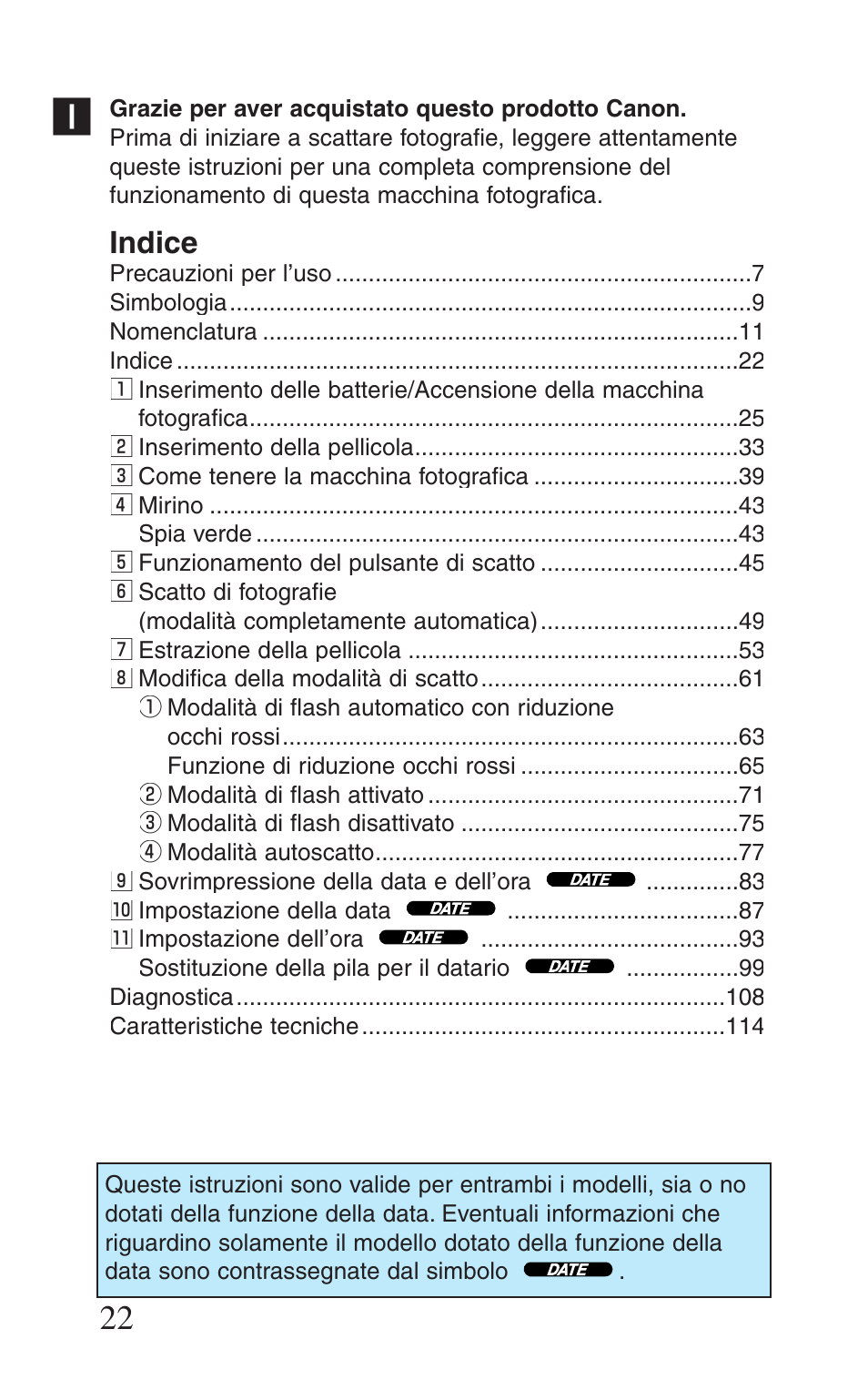 Indice | Canon Prima BF-8 User Manual | Page 22 / 115