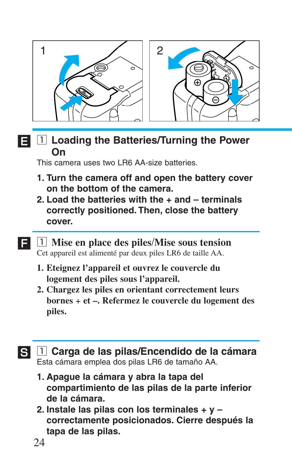 1 loading the batteries/turning the power on, 1 mise en place des piles/mise sous tension, 1 carga de las pilas/encendido de la cámara | Z loading the batteries/turning the power on, Z mise en place des piles/mise sous tension, Z carga de las pilas/encendido de la cámara | Canon Prima BF-8 User Manual | Page 24 / 115