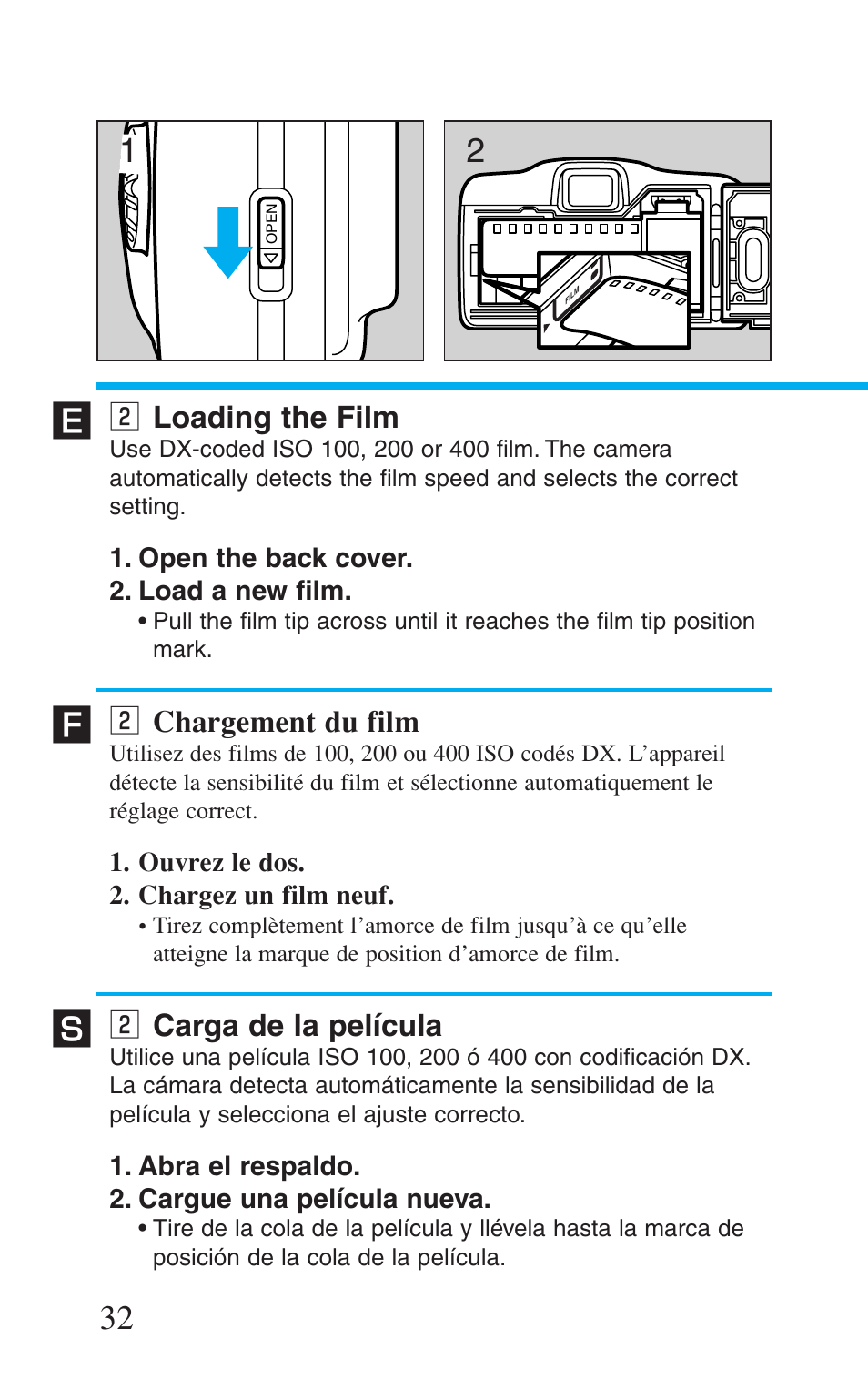 2 loading the film, 2 chargement du film, 2 carga de la película | X loading the film, X chargement du film, X carga de la película | Canon Prima BF-8 User Manual | Page 32 / 115