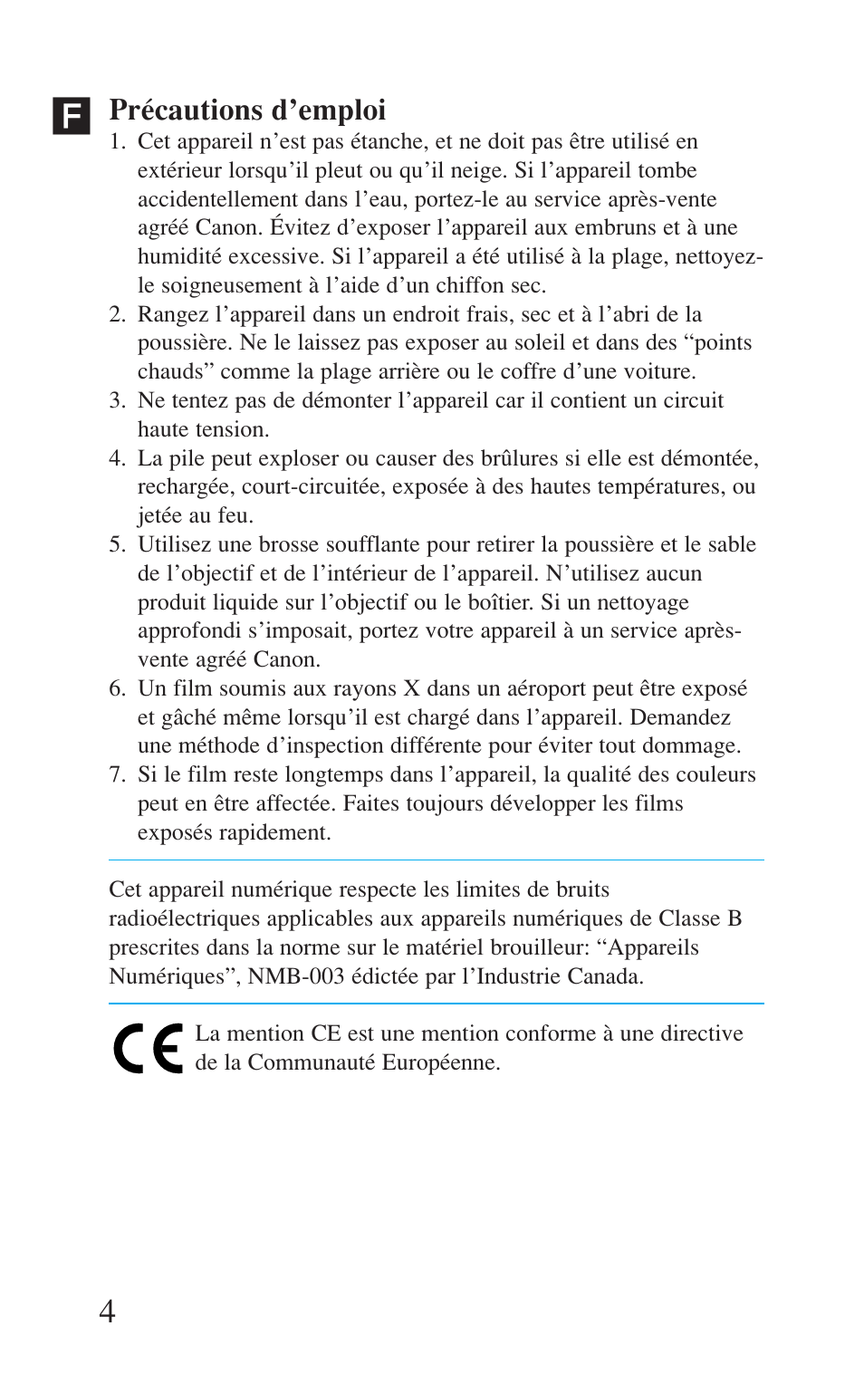 Précautions d’emploi | Canon Prima BF-8 User Manual | Page 4 / 115