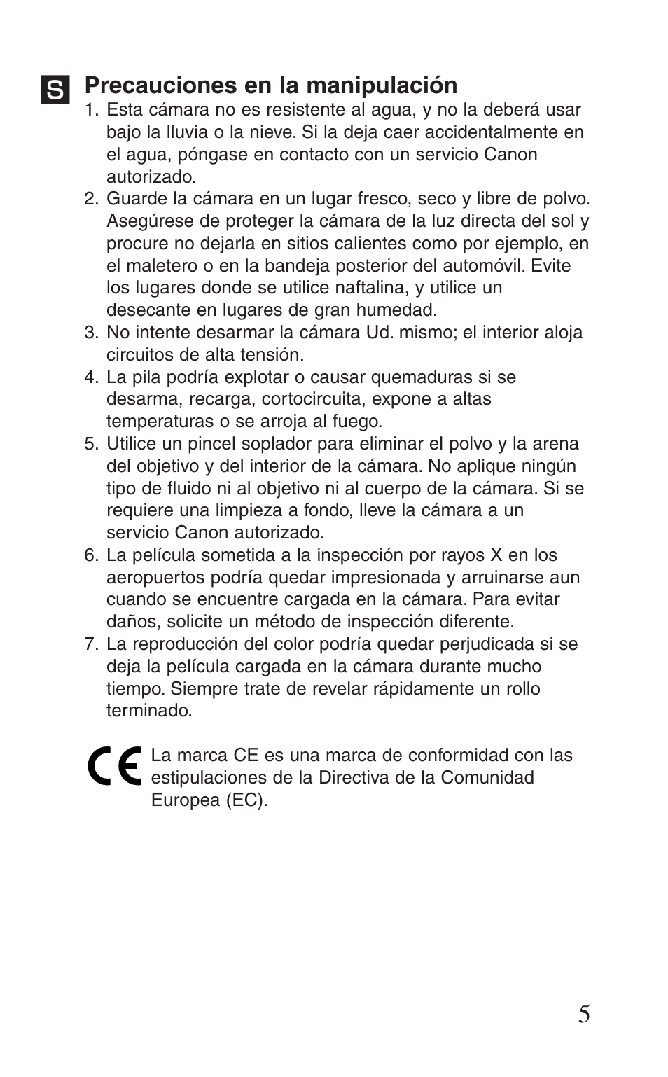 Precauciones en la manipulación | Canon Prima BF-8 User Manual | Page 5 / 115