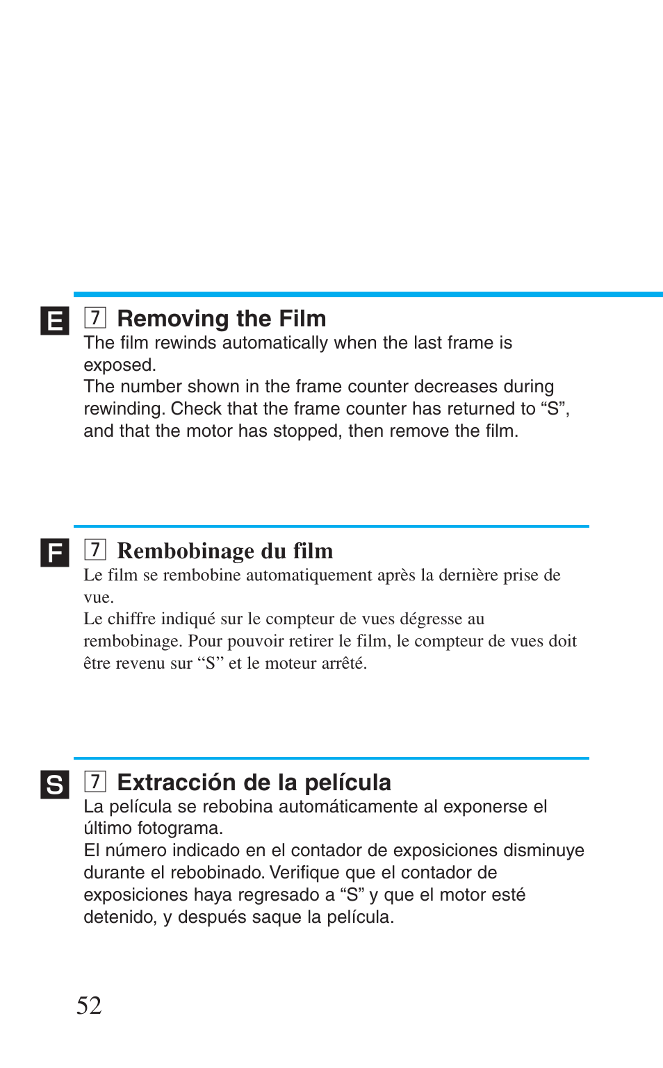 7 removing the film, 7 rembobinage du film, 7 extracción de la película | M removing the film, M rembobinage du film, M extracción de la película | Canon Prima BF-8 User Manual | Page 52 / 115