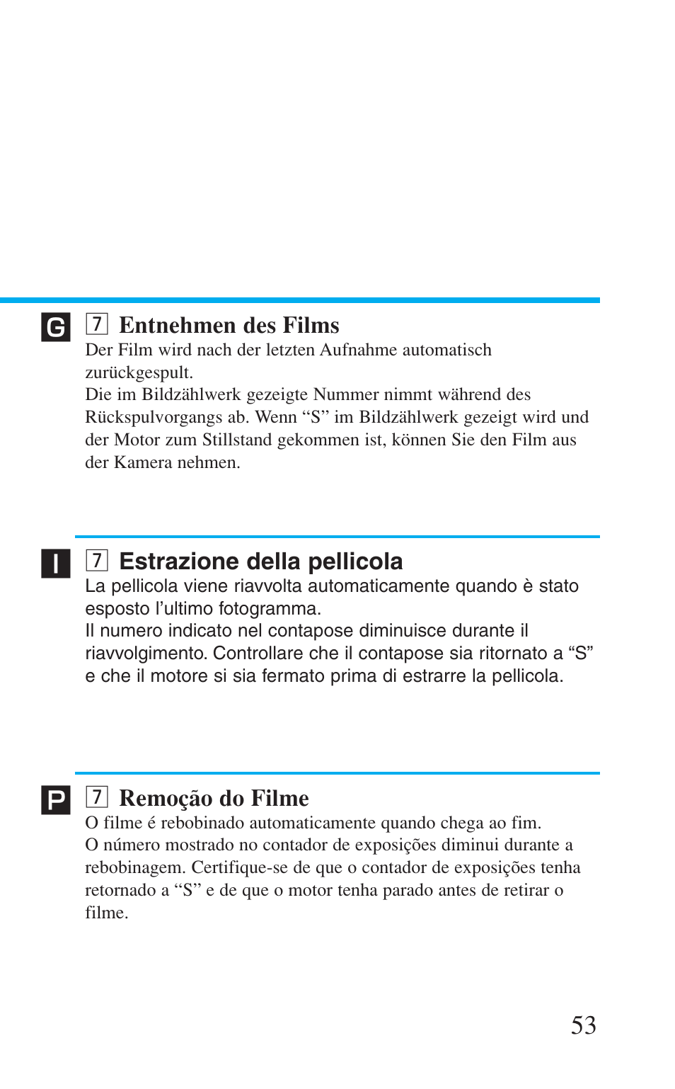 7 entnehmen des films, 7 estrazione della pellicola, 7 remoção do filme | M entnehmen des films, M estrazione della pellicola, M remoção do filme | Canon Prima BF-8 User Manual | Page 53 / 115