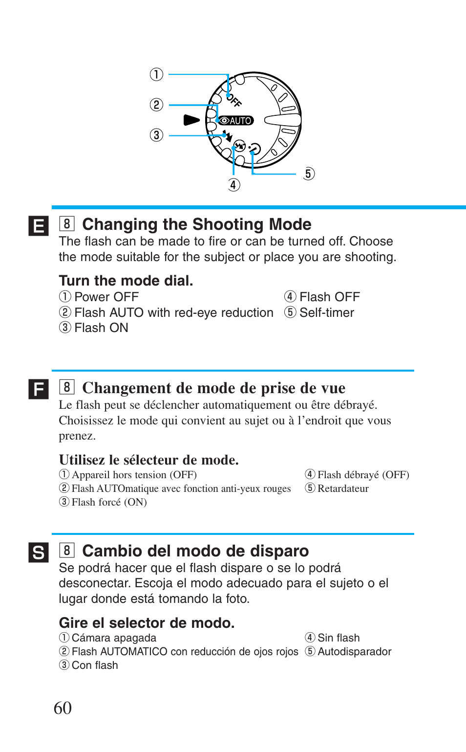 8 changing the shooting mode, 8 changement de mode de prise de vue, 8 cambio del modo de disparo | Changing the shooting mode, Changement de mode de prise de vue, Cambio del modo de disparo | Canon Prima BF-8 User Manual | Page 60 / 115