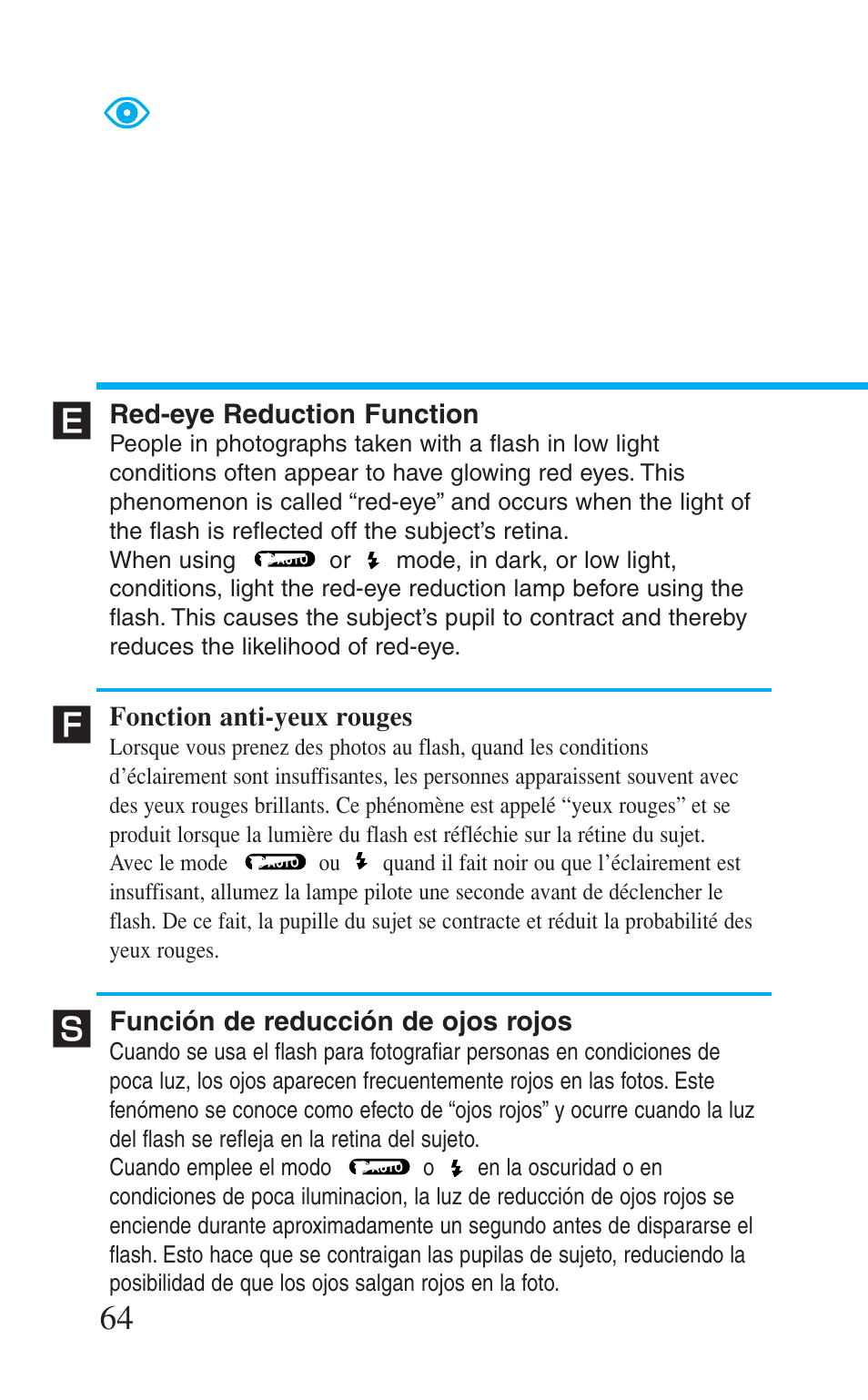 Red-eye reduction function, Fonction anti-yeux rouges, Función de reducción de ojos rojos | Canon Prima BF-8 User Manual | Page 64 / 115