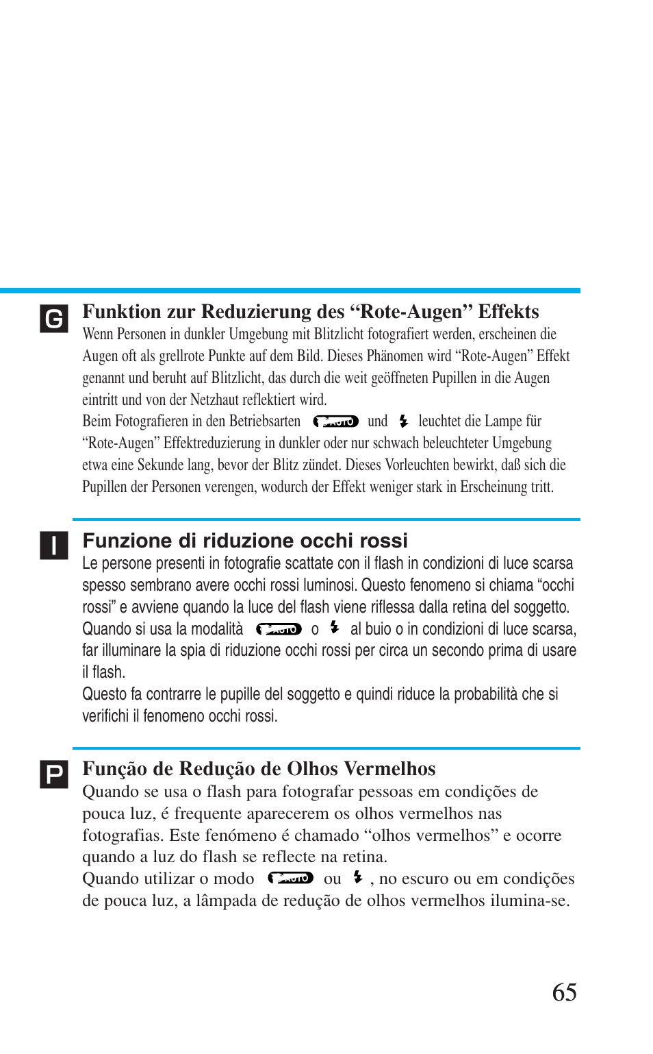 Funktion zur reduzierung des "rote-augen" effekts, Funzione di riduzione occhi rossi, Função de redução de olhos vermelhos | Funktion zur reduzierung des “rote-augen” effekts | Canon Prima BF-8 User Manual | Page 65 / 115