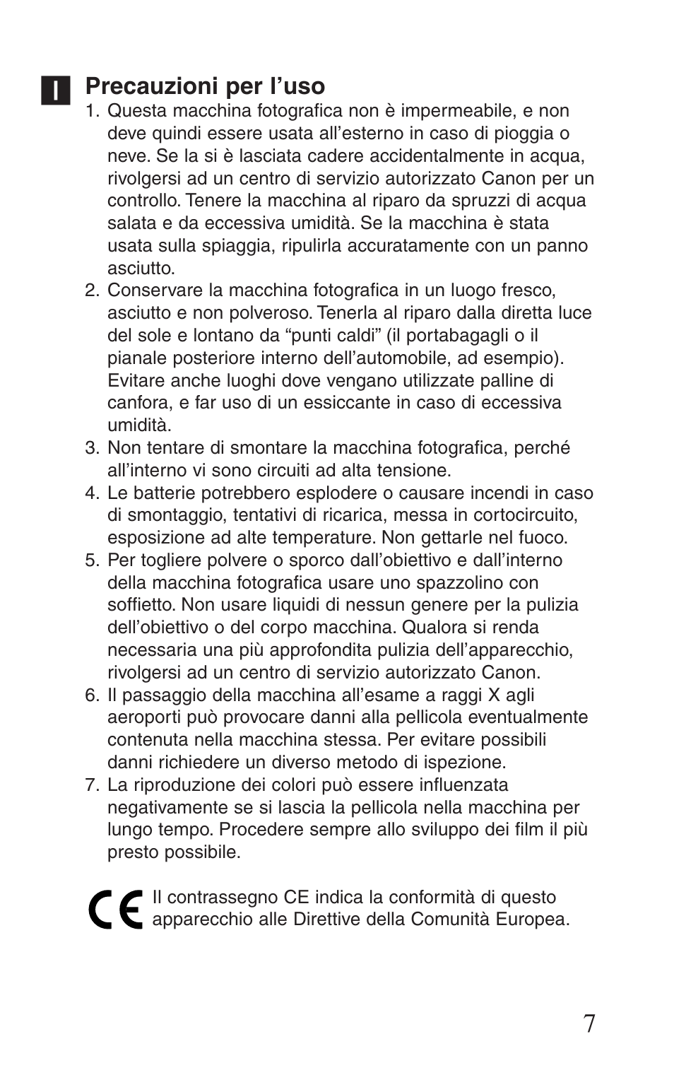 Precauzioni per l'uso, Precauzioni per l’uso | Canon Prima BF-8 User Manual | Page 7 / 115