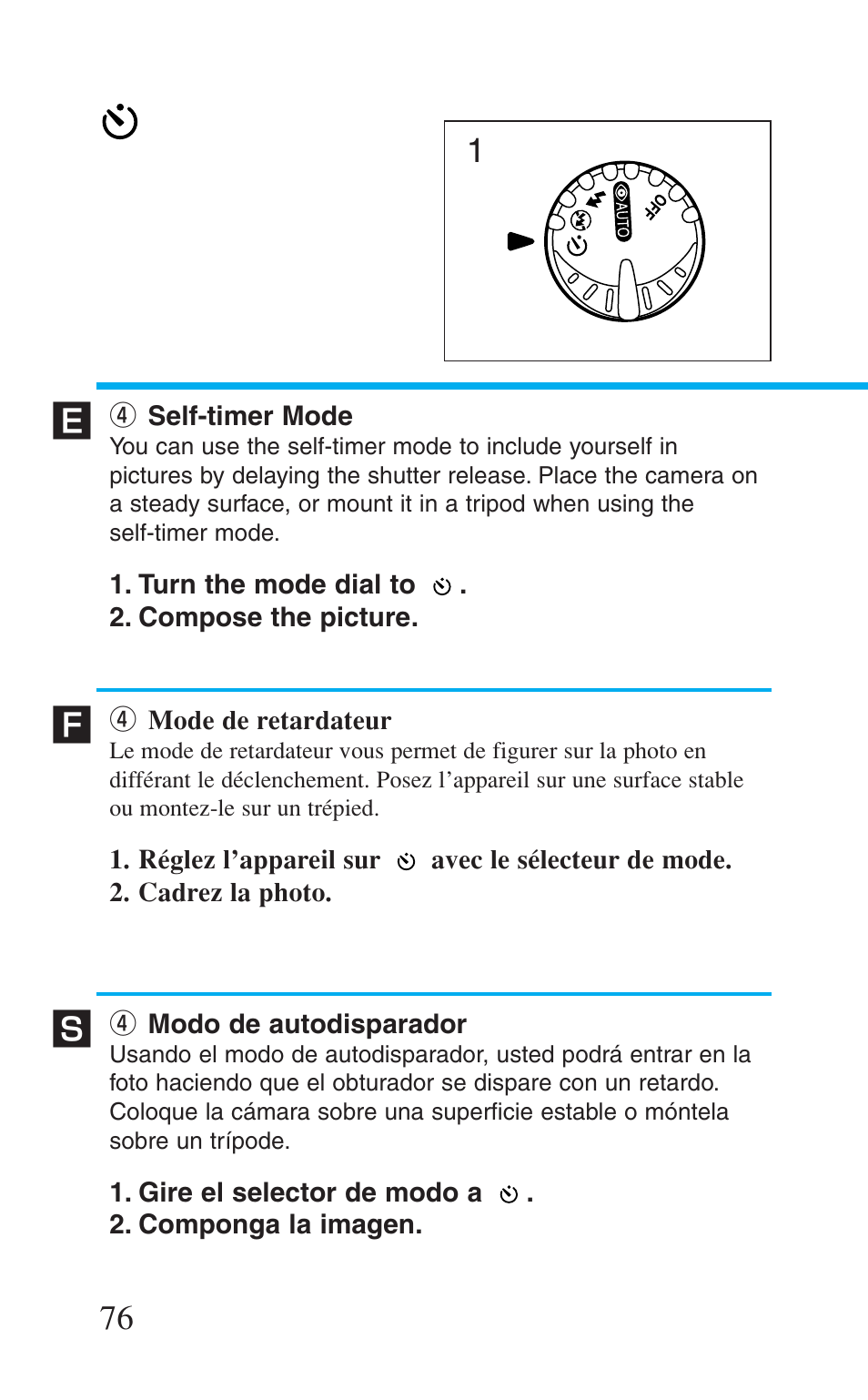 4 self-timer mode, 4 mode de retardateur, 4 modo de autodisparador | R self-timer mode, R mode de retardateur, R modo de autodisparador | Canon Prima BF-8 User Manual | Page 76 / 115