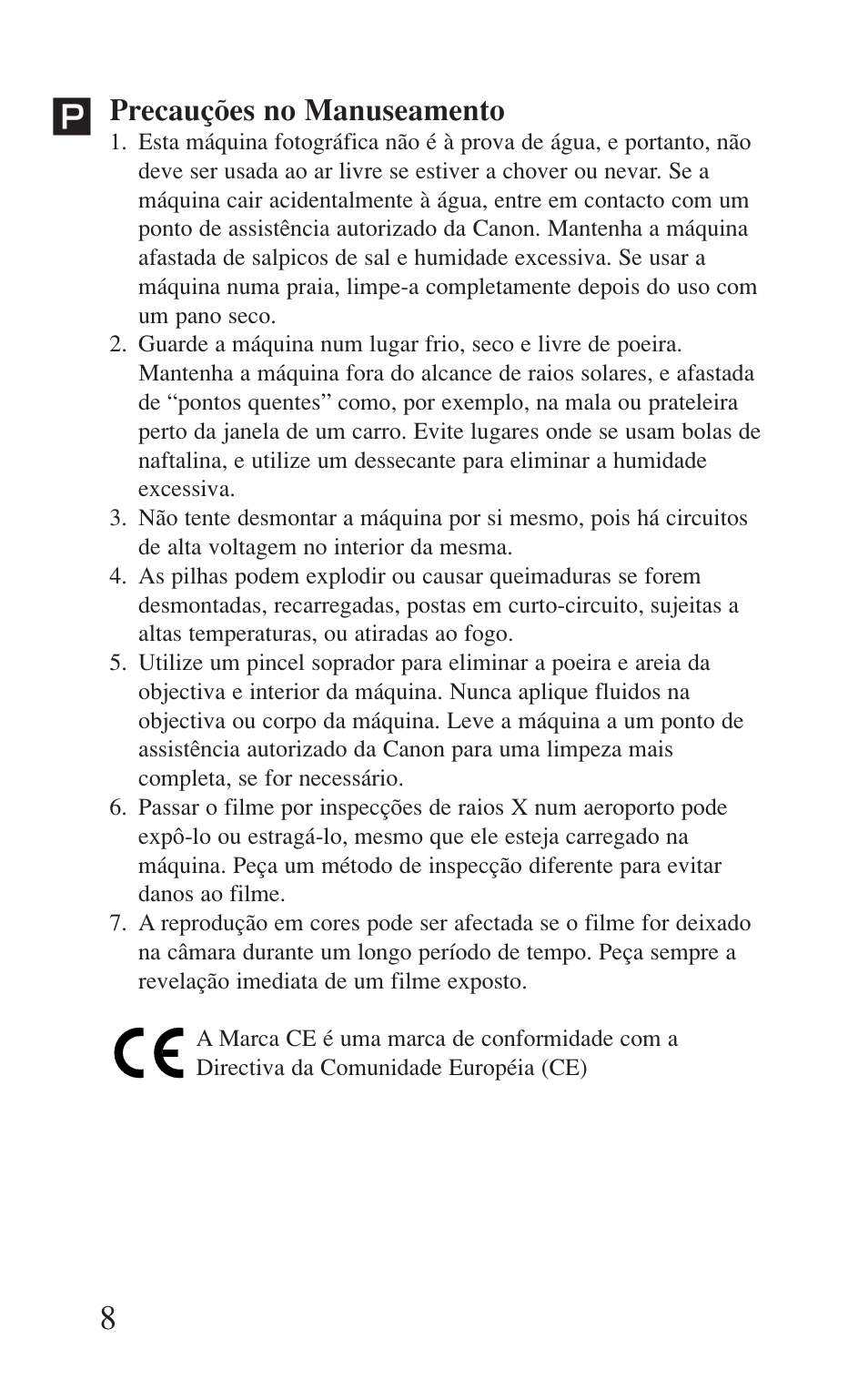 Precauções no manuseamento | Canon Prima BF-8 User Manual | Page 8 / 115