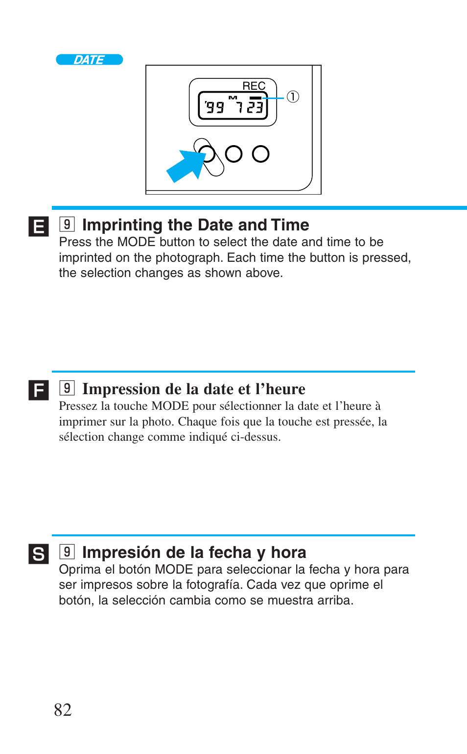 9 imprinting the date and time, 9 impression de la date et l'heure, 9 impresión de la fecha y hora | Imprinting the date and time, Impression de la date et l’heure, Impresión de la fecha y hora | Canon Prima BF-8 User Manual | Page 82 / 115