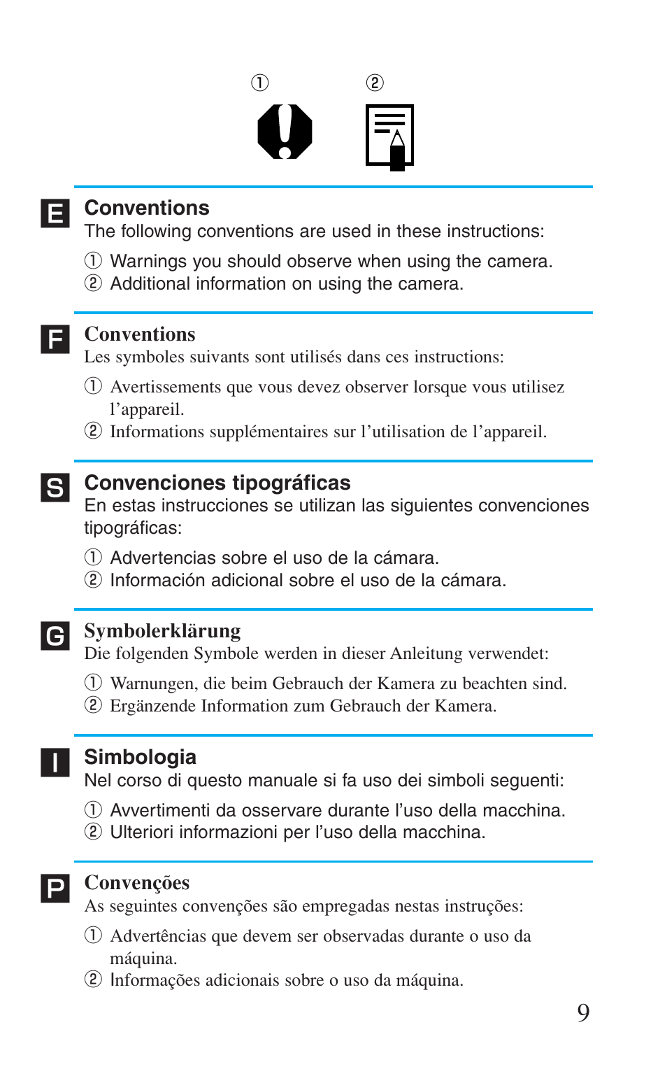 Conventions, Convenciones tipográficas, Symbolerklärung | Simbologia, Convenções | Canon Prima BF-8 User Manual | Page 9 / 115