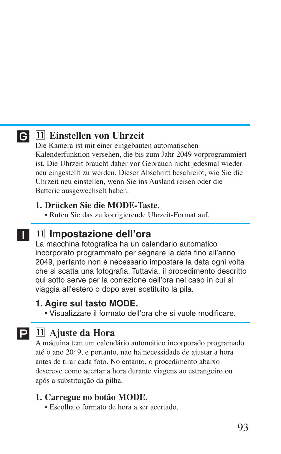 11 einstellen von uhrzeit, 11 impostazione dell'ora, 11 ajuste da hora | 1 einstellen von uhrzeit, 1 impostazione dell’ora, 1 ajuste da hora | Canon Prima BF-8 User Manual | Page 93 / 115